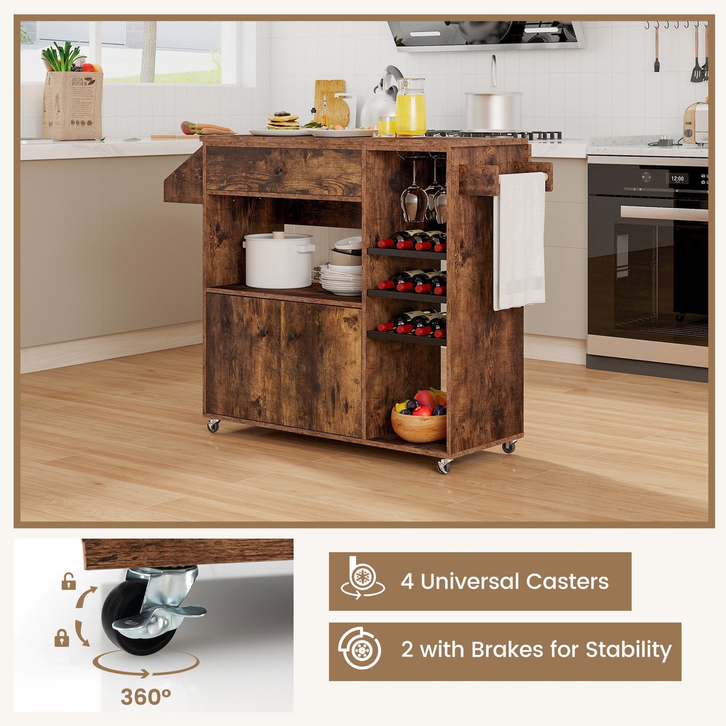 Rolling Drop Leaf Kitchen Island with Power Outlets Adjustable Shelf Wine Rack and Storage Drawer - Rustic Brown