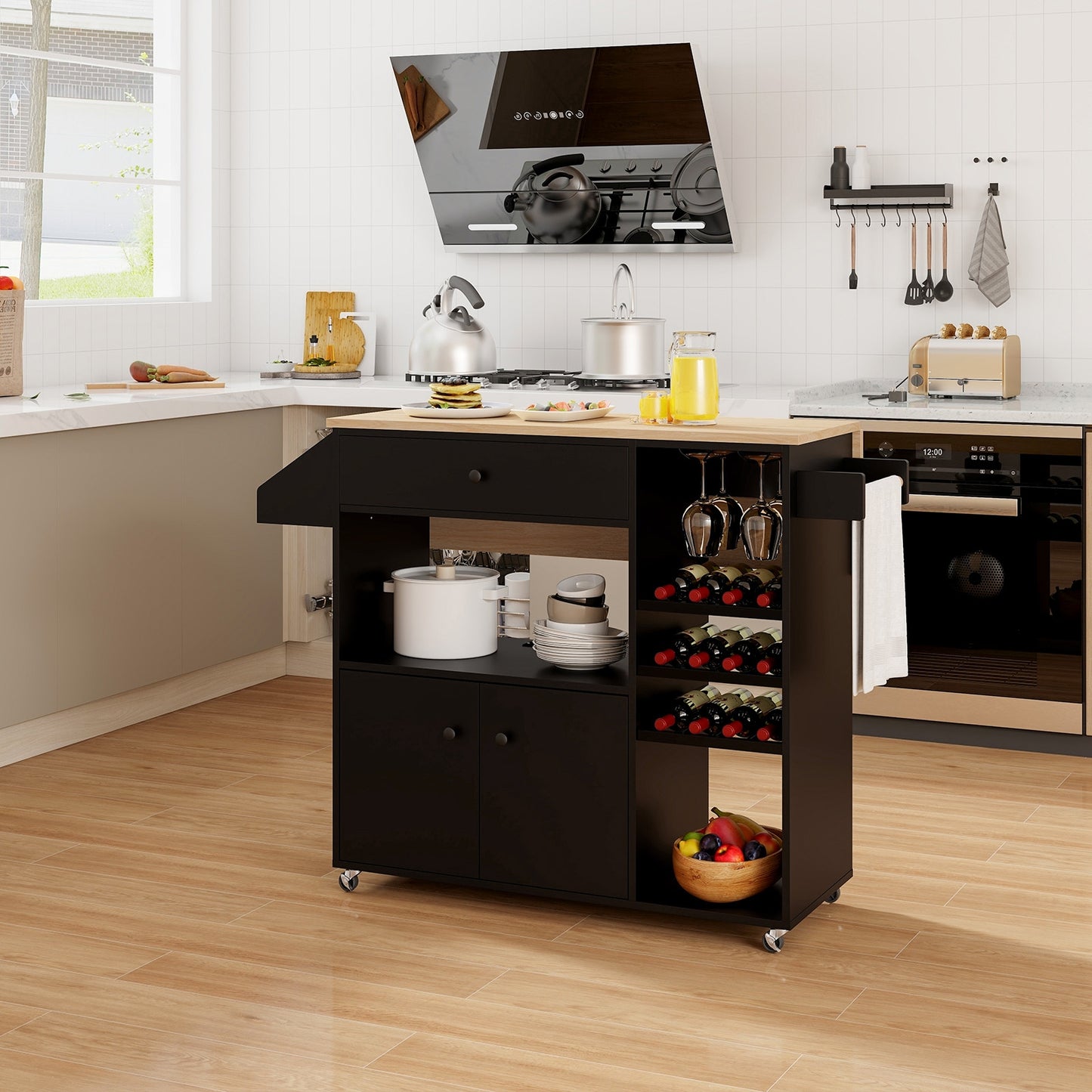 Rolling Drop Leaf Kitchen Island with Power Outlets Adjustable Shelf Wine Rack and Storage Drawer - Black