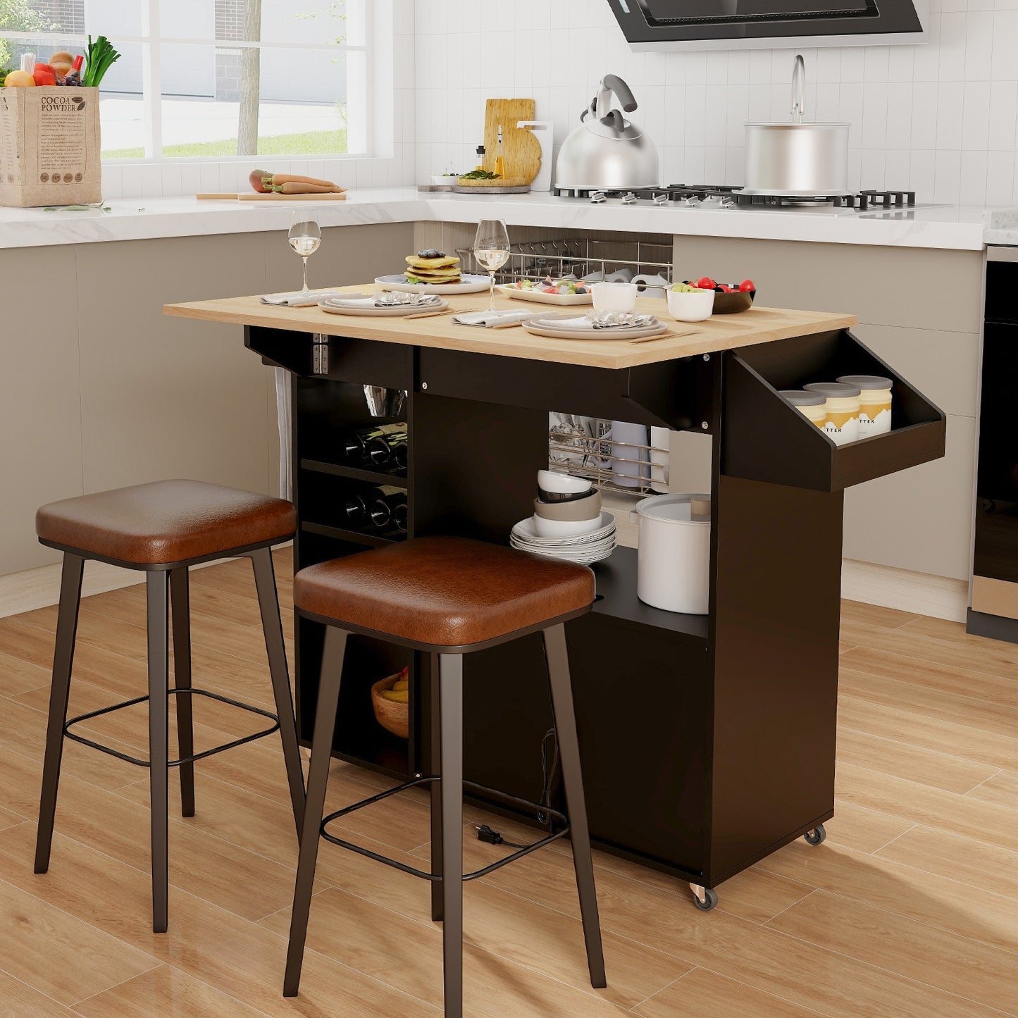 Rolling Drop Leaf Kitchen Island with Power Outlets Adjustable Shelf Wine Rack and Storage Drawer - Black