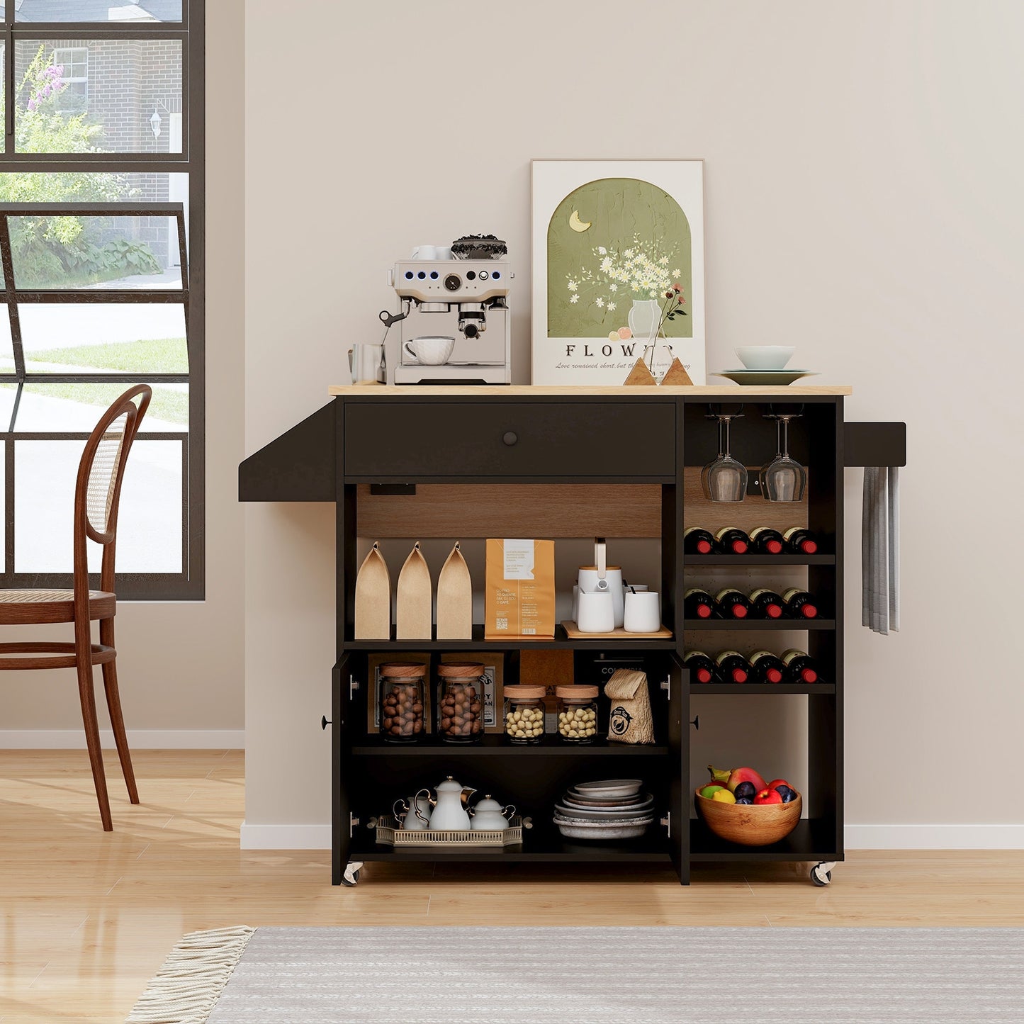 Rolling Drop Leaf Kitchen Island with Power Outlets Adjustable Shelf Wine Rack and Storage Drawer - Black