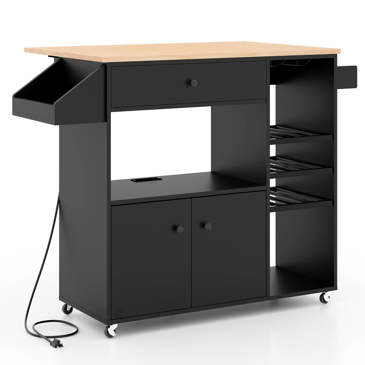 Rolling Drop Leaf Kitchen Island with Power Outlets Adjustable Shelf Wine Rack and Storage Drawer - Black