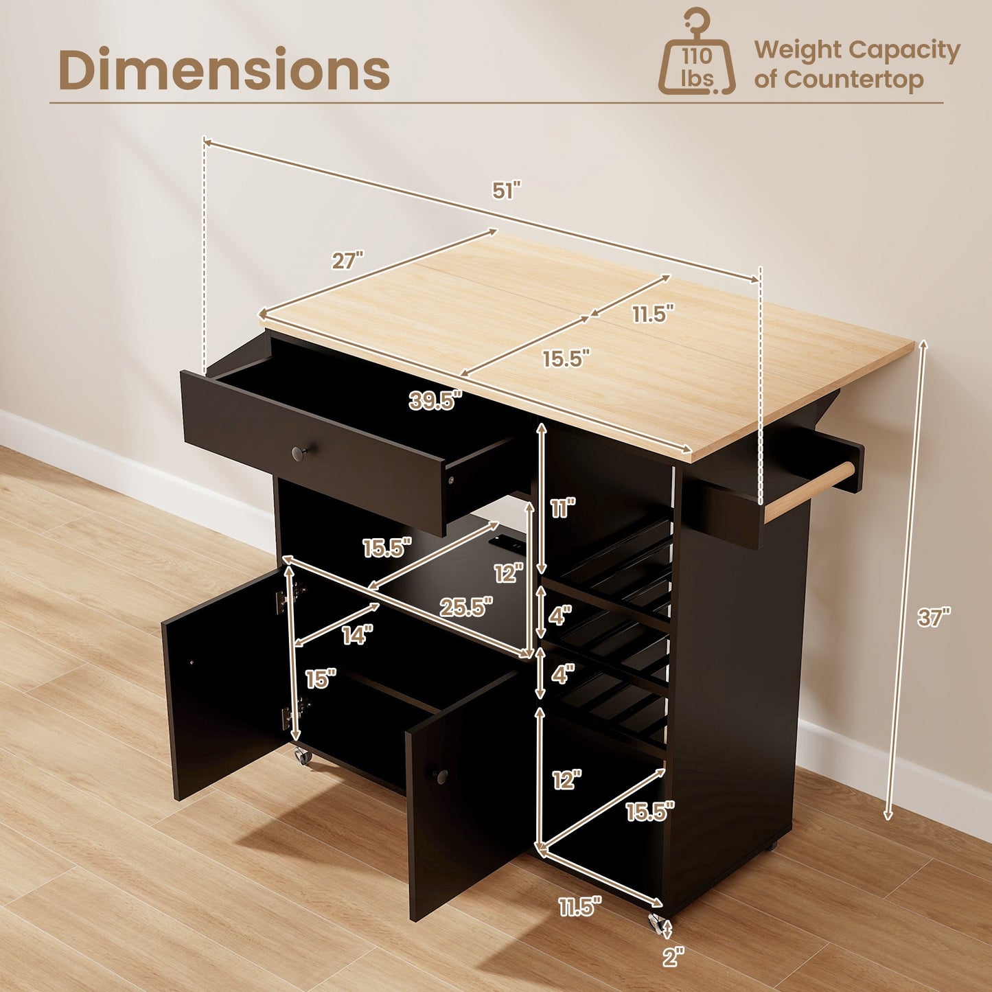 Rolling Drop Leaf Kitchen Island with Power Outlets Adjustable Shelf Wine Rack and Storage Drawer - Black