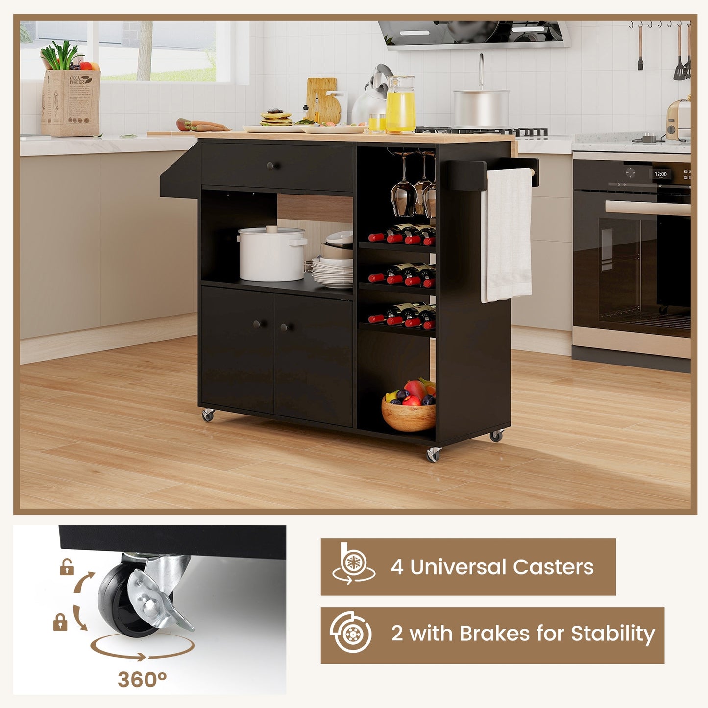Rolling Drop Leaf Kitchen Island with Power Outlets Adjustable Shelf Wine Rack and Storage Drawer - Black