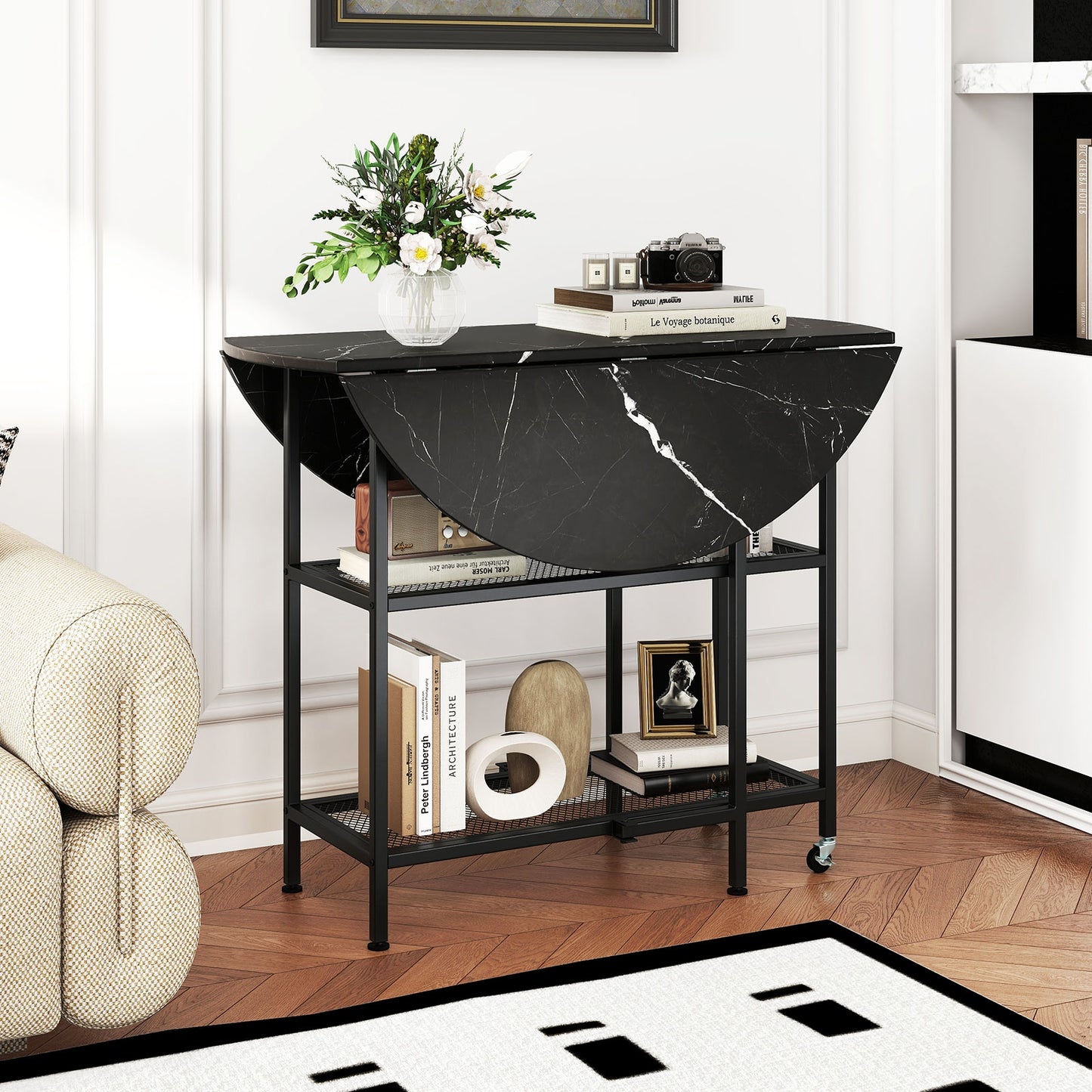 Space-Saving Round Folding Dining Table with Lockable Wheels and Black Faux Marble Top