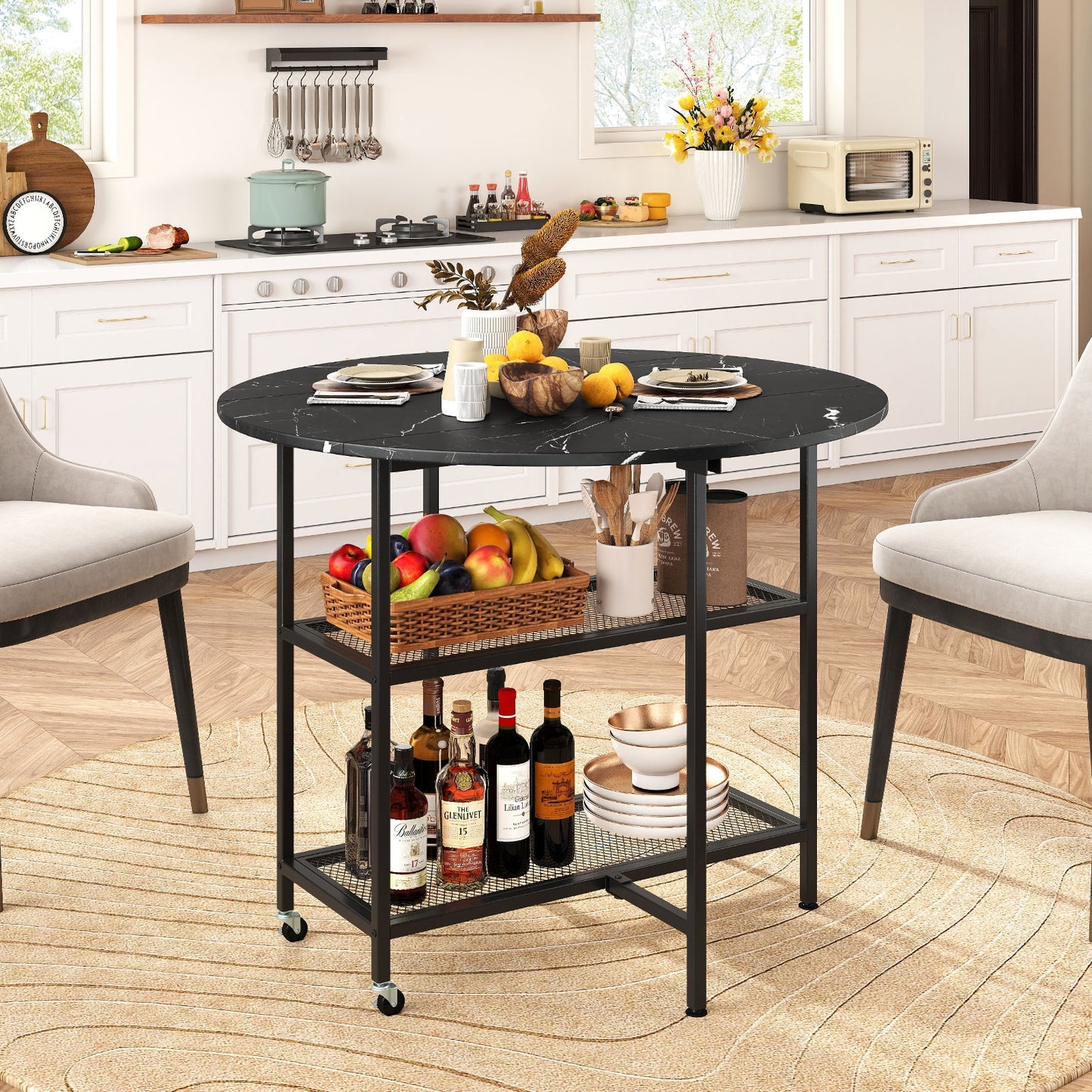 Space-Saving Round Folding Dining Table with Lockable Wheels and Black Faux Marble Top