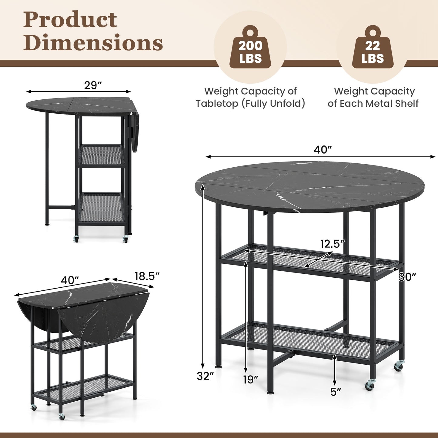 Space-Saving Round Folding Dining Table with Lockable Wheels and Black Faux Marble Top