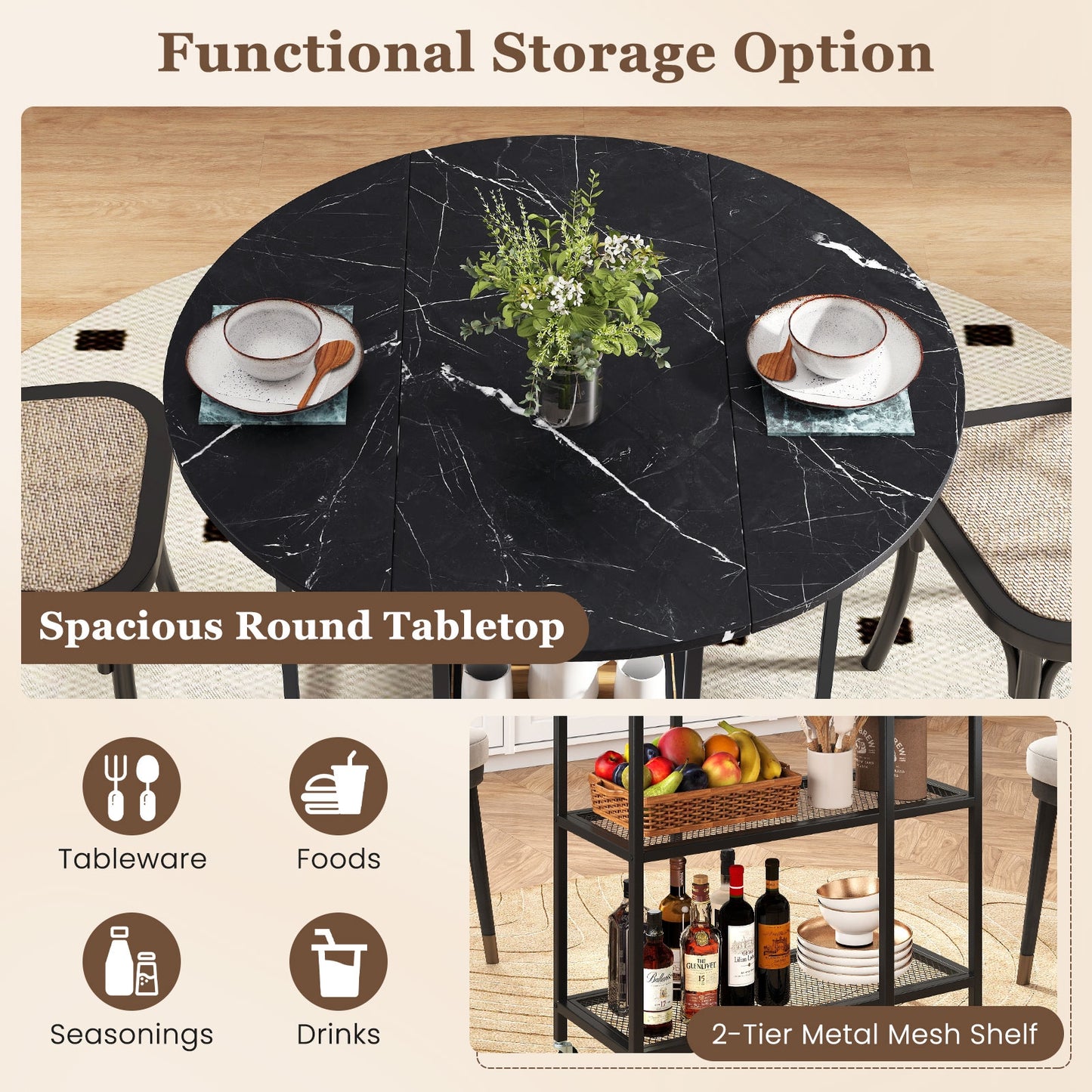 Space-Saving Round Folding Dining Table with Lockable Wheels and Black Faux Marble Top