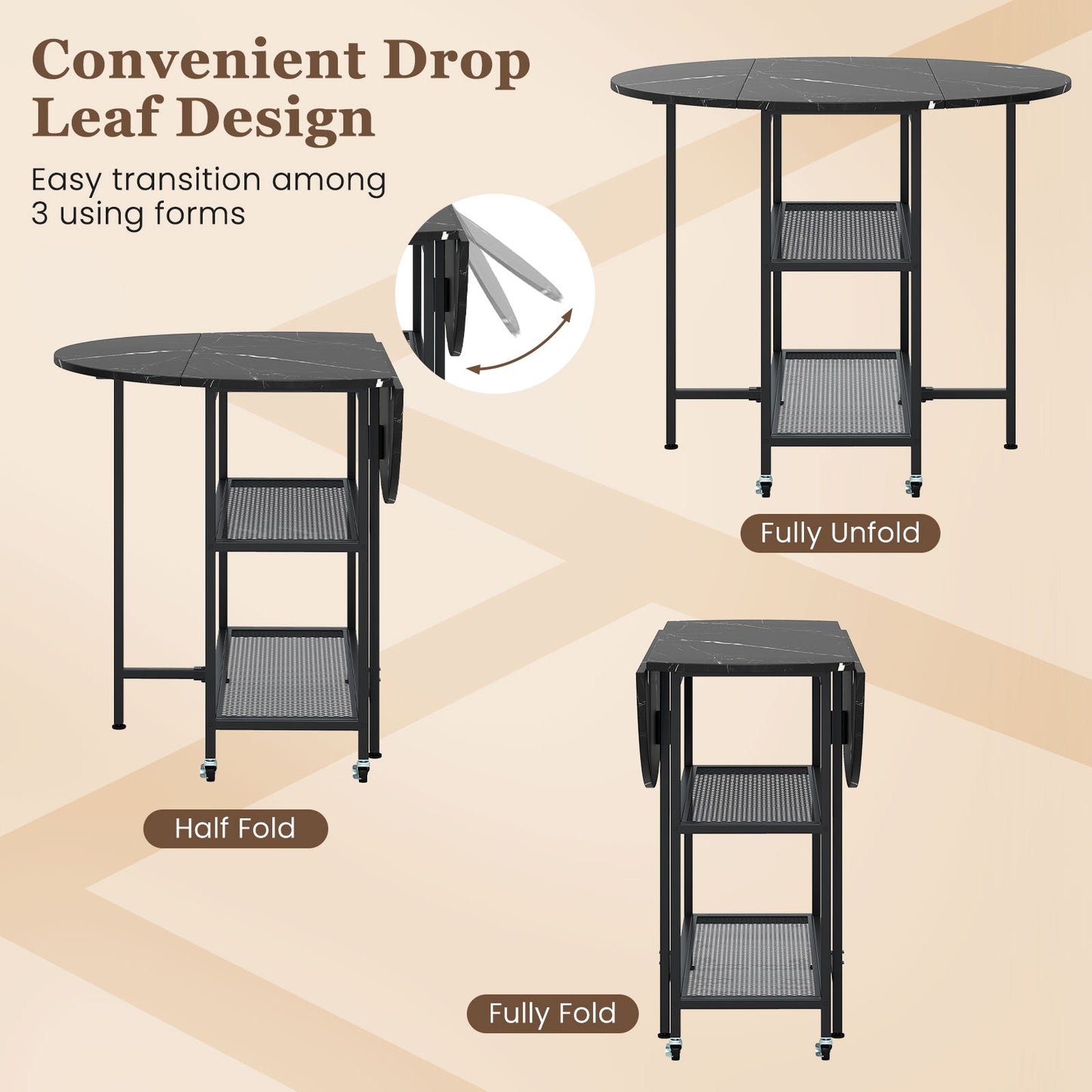 Space-Saving Round Folding Dining Table with Lockable Wheels and Black Faux Marble Top