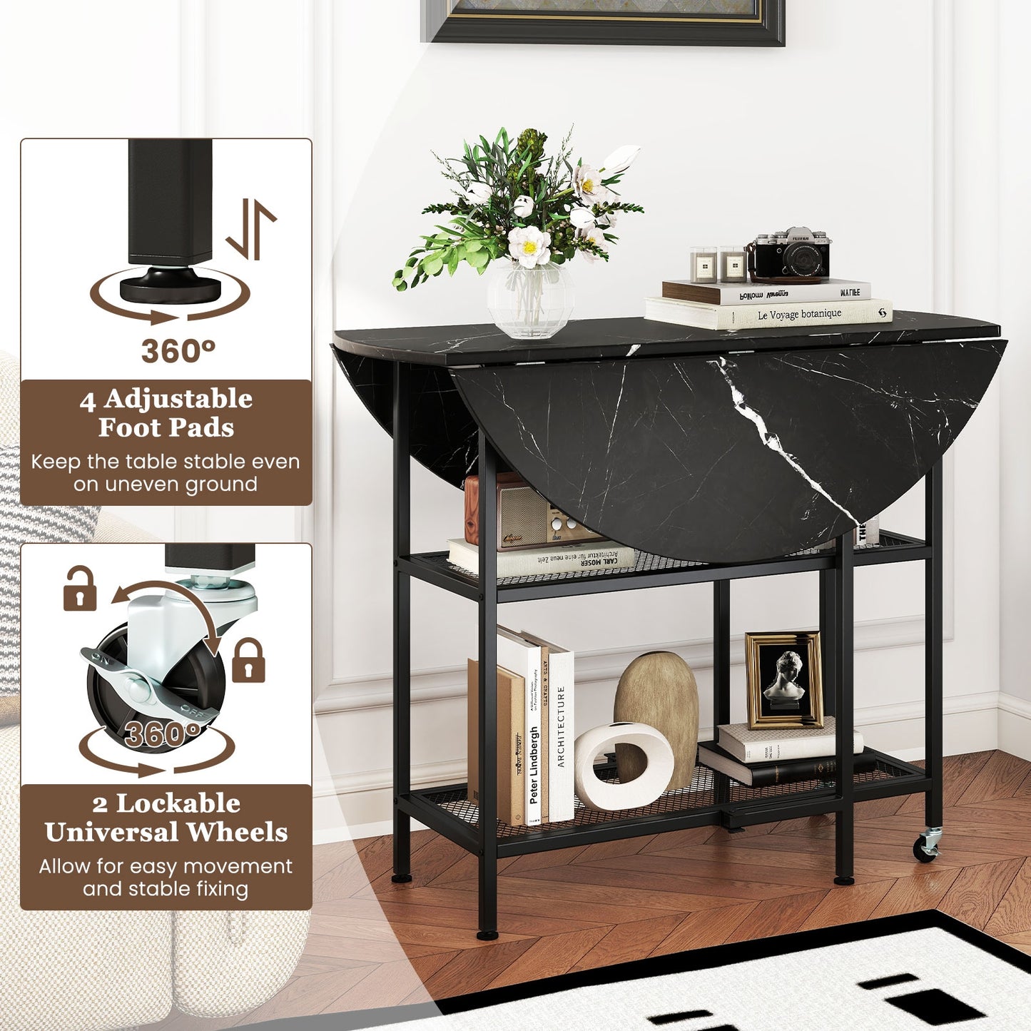 Space-Saving Round Folding Dining Table with Lockable Wheels and Black Faux Marble Top