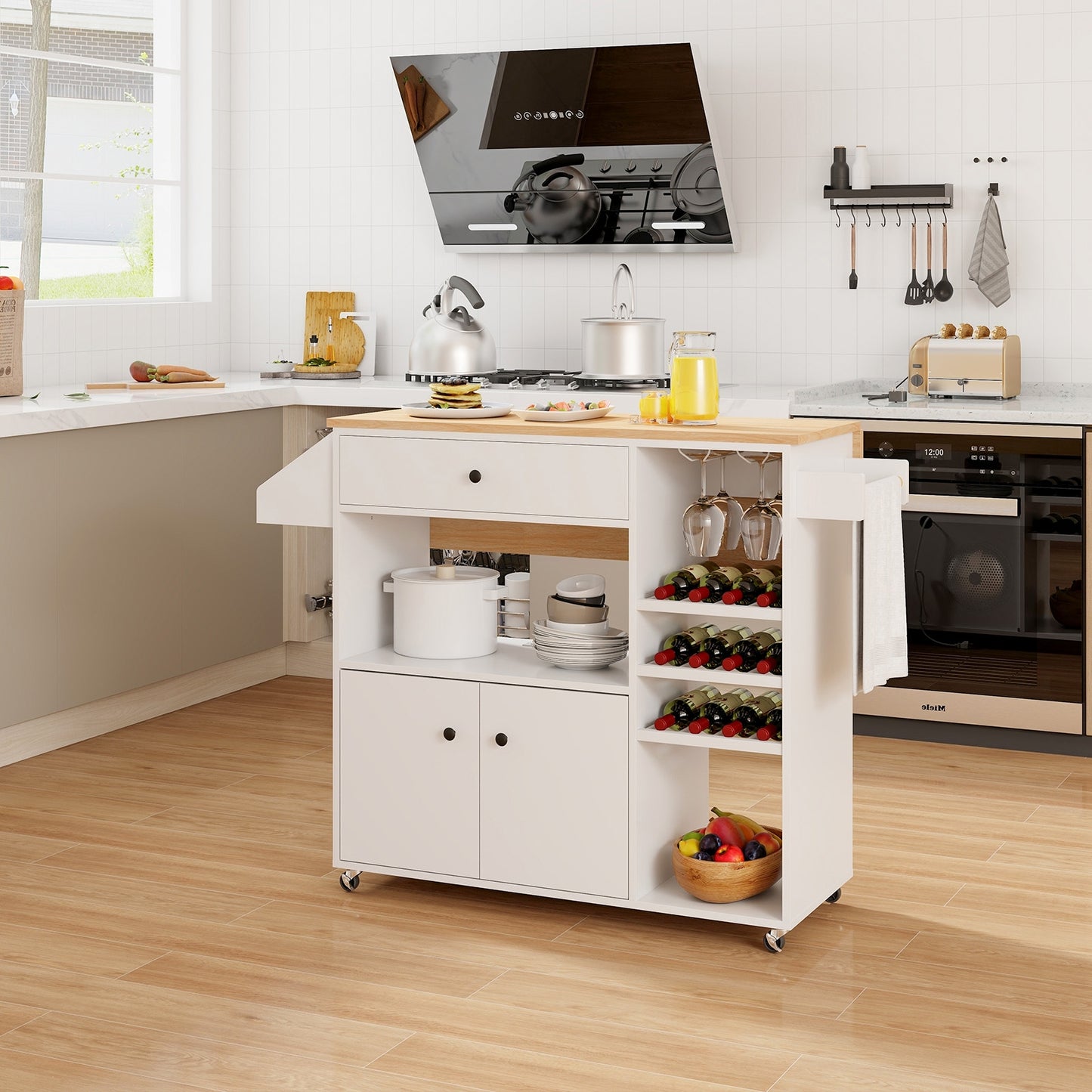 Rolling Drop Leaf Kitchen Island with Power Outlets Adjustable Shelf Wine Rack and Storage Drawer - White