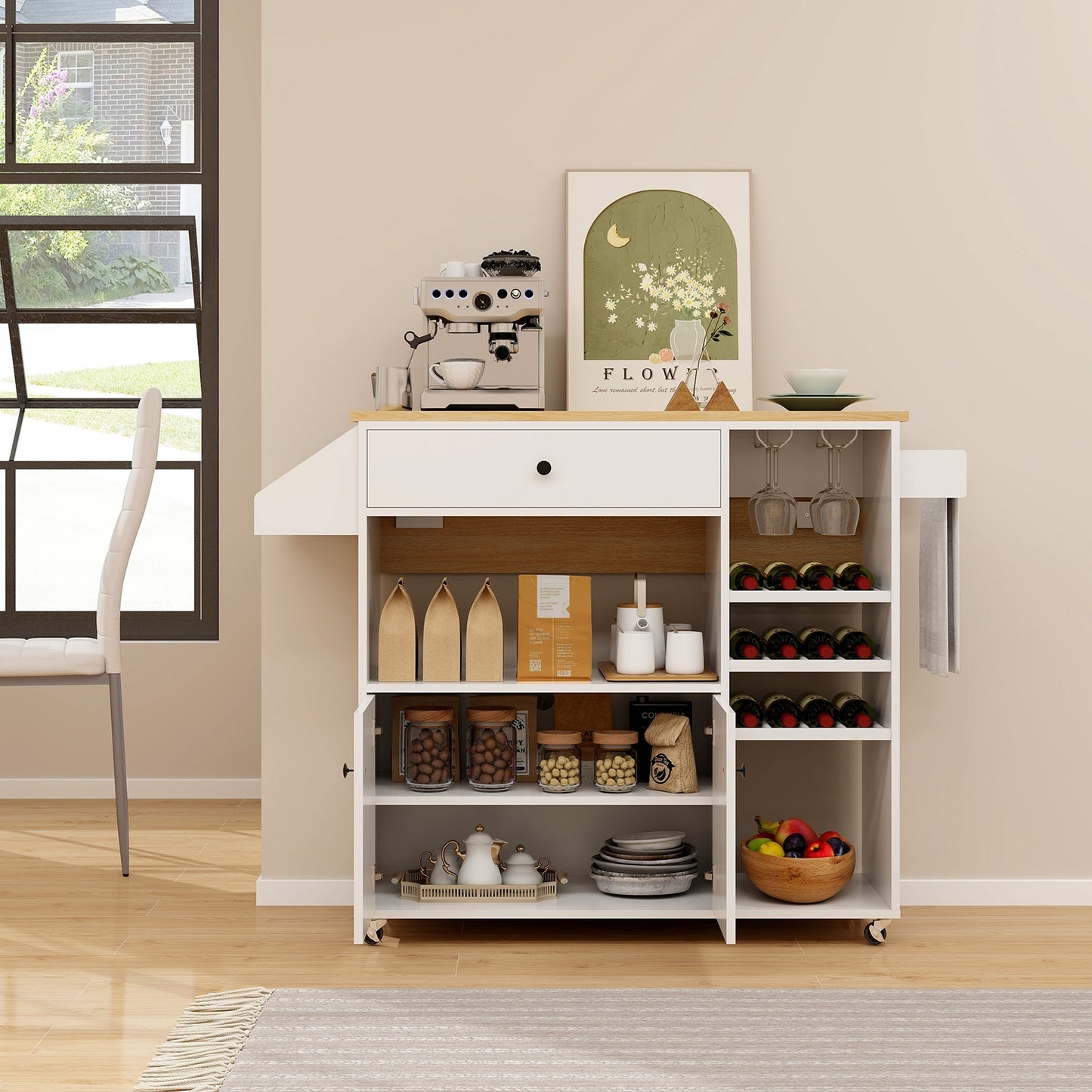 Rolling Drop Leaf Kitchen Island with Power Outlets Adjustable Shelf Wine Rack and Storage Drawer - White