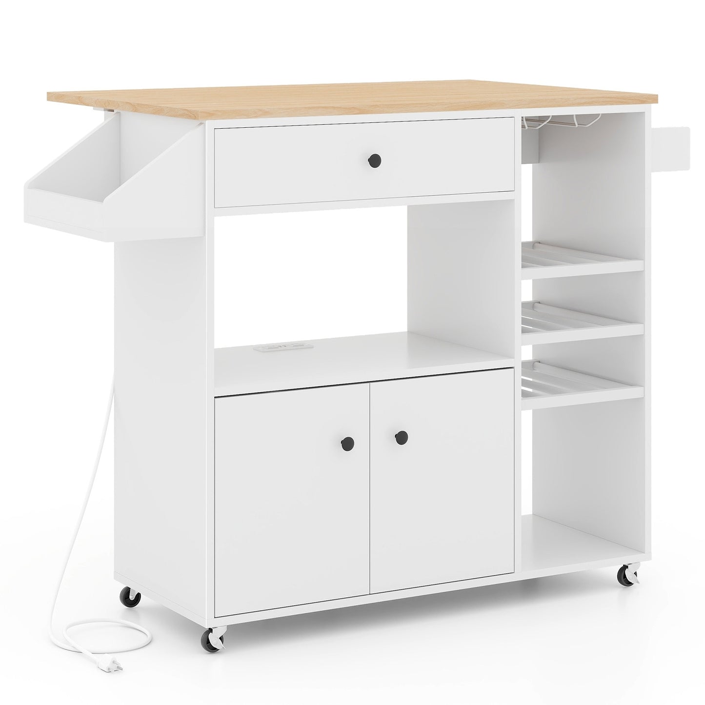 Rolling Drop Leaf Kitchen Island with Power Outlets Adjustable Shelf Wine Rack and Storage Drawer - White