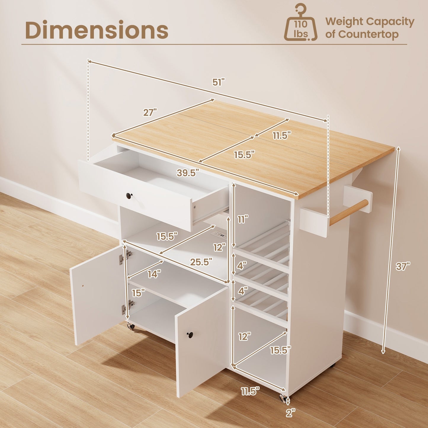 Rolling Drop Leaf Kitchen Island with Power Outlets Adjustable Shelf Wine Rack and Storage Drawer - White