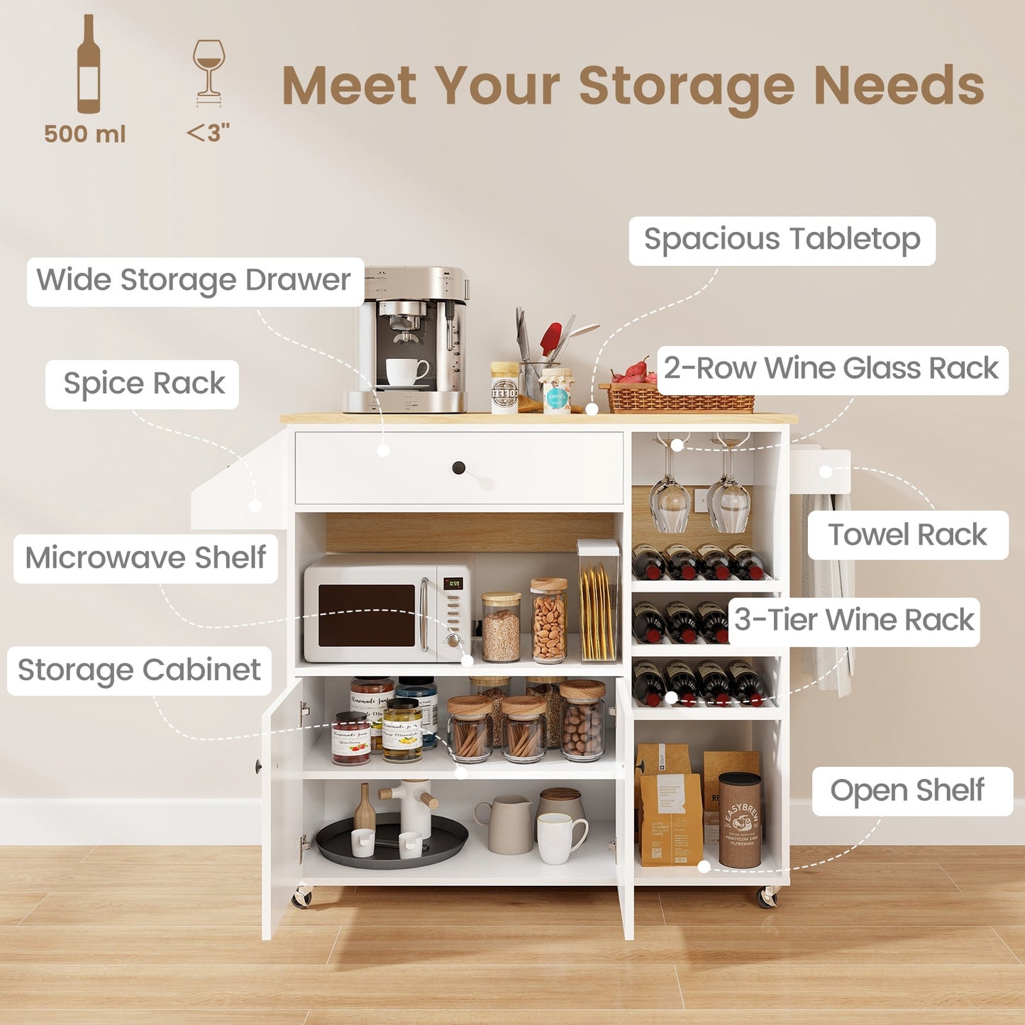 Rolling Drop Leaf Kitchen Island with Power Outlets Adjustable Shelf Wine Rack and Storage Drawer - White