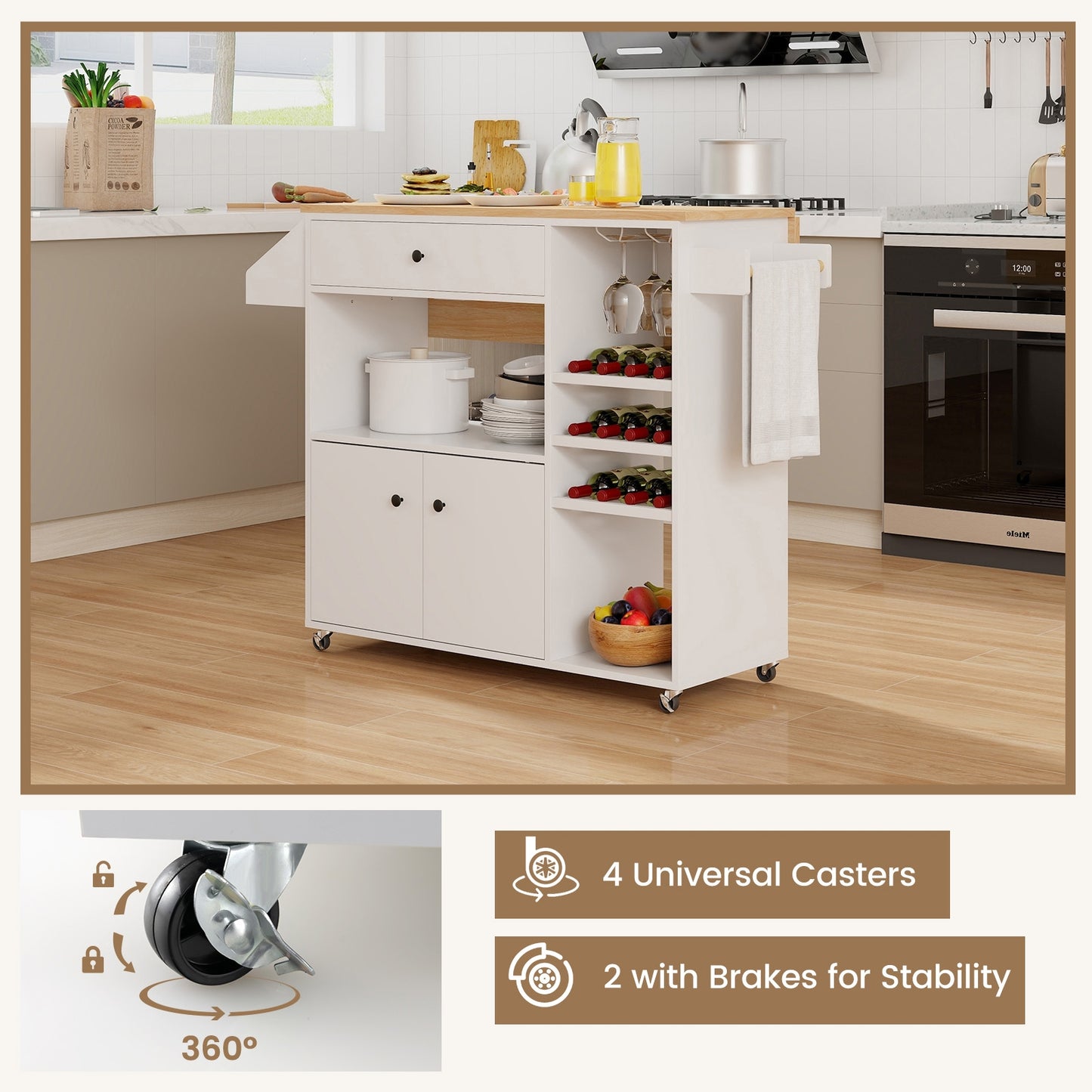 Rolling Drop Leaf Kitchen Island with Power Outlets Adjustable Shelf Wine Rack and Storage Drawer - White
