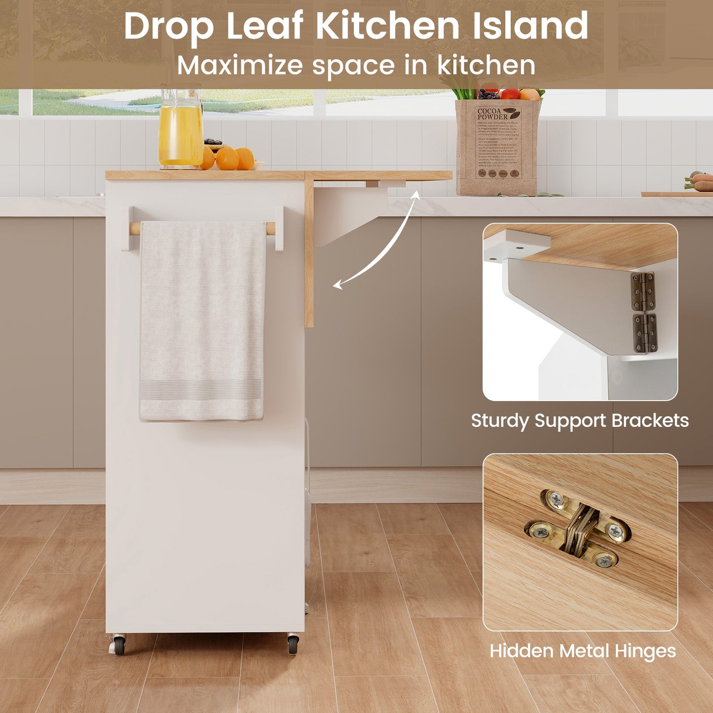Rolling Drop Leaf Kitchen Island with Power Outlets Adjustable Shelf Wine Rack and Storage Drawer - White