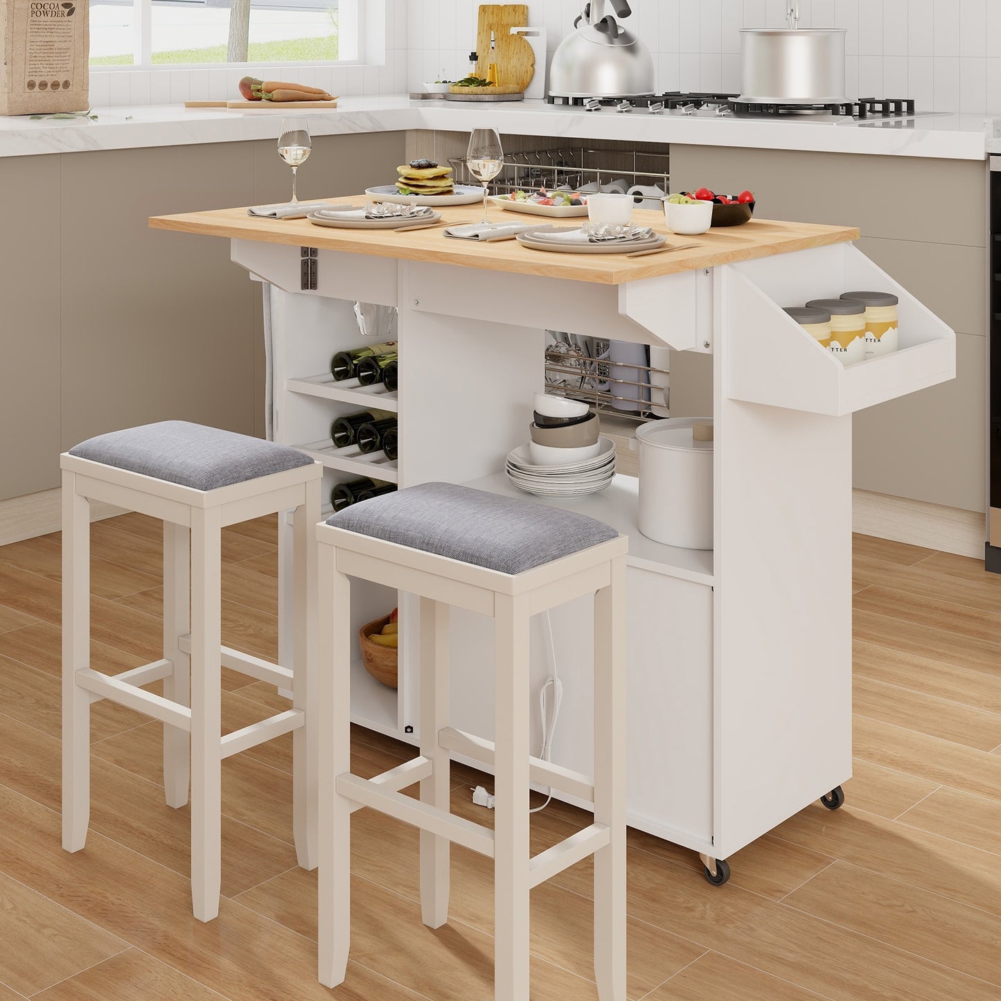 Rolling Drop Leaf Kitchen Island with Power Outlets Adjustable Shelf Wine Rack and Storage Drawer - White
