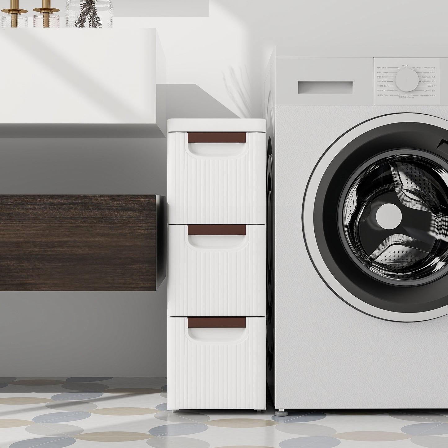Space-Saving Narrow Storage Cabinet with Stylish Finish and Built-In Wheels – 3-Drawer