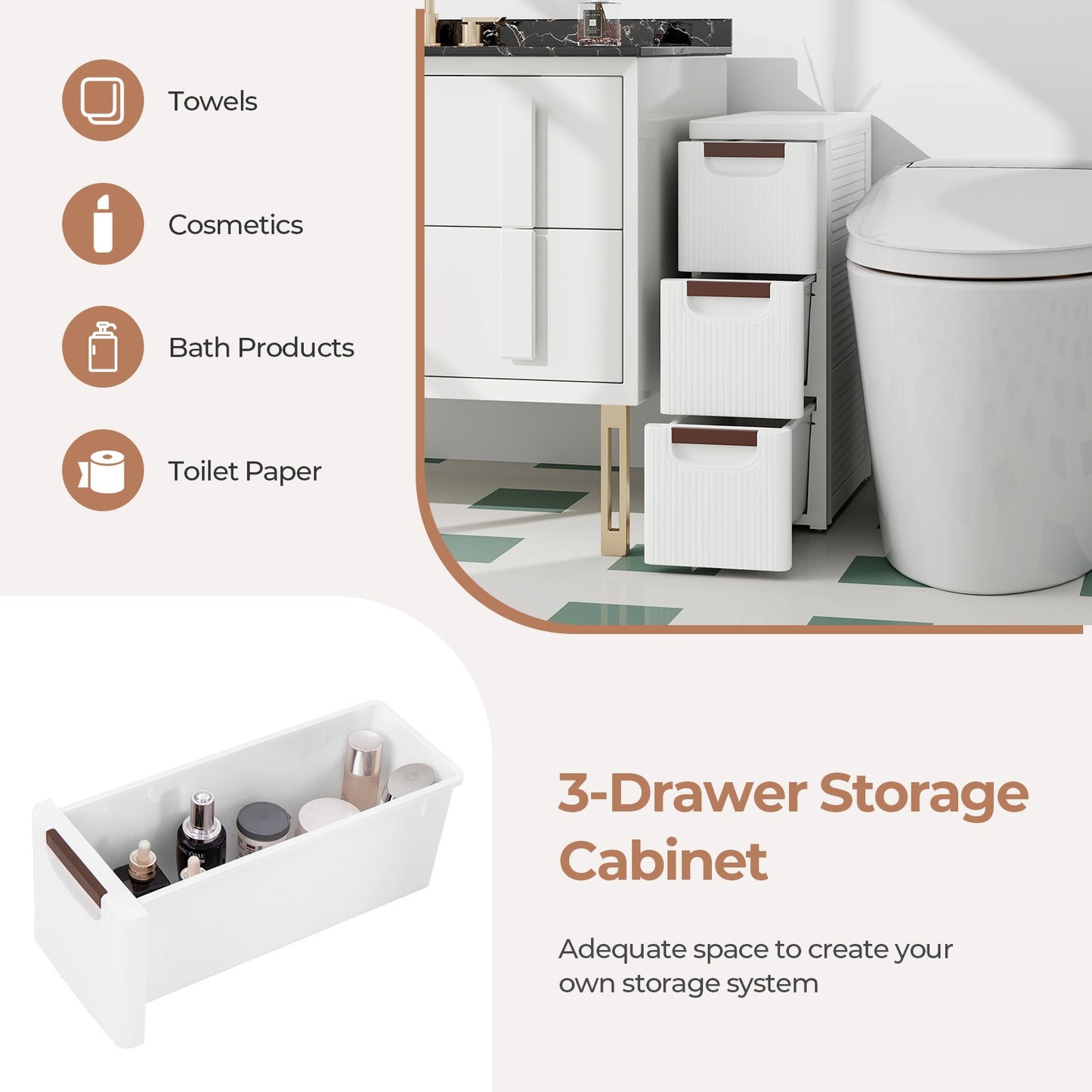 Space-Saving Narrow Storage Cabinet with Stylish Finish and Built-In Wheels – 3-Drawer