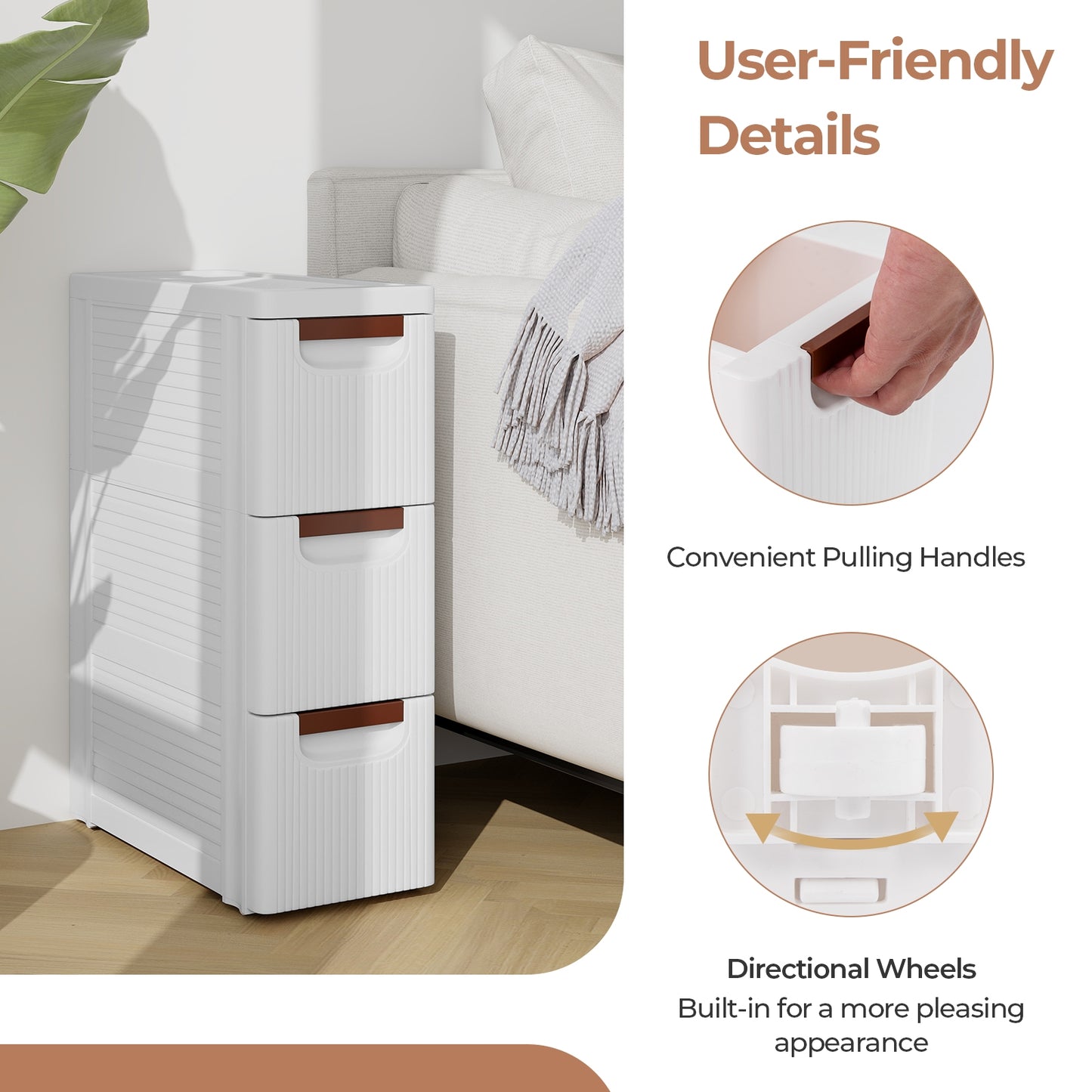 Space-Saving Narrow Storage Cabinet with Stylish Finish and Built-In Wheels – 3-Drawer