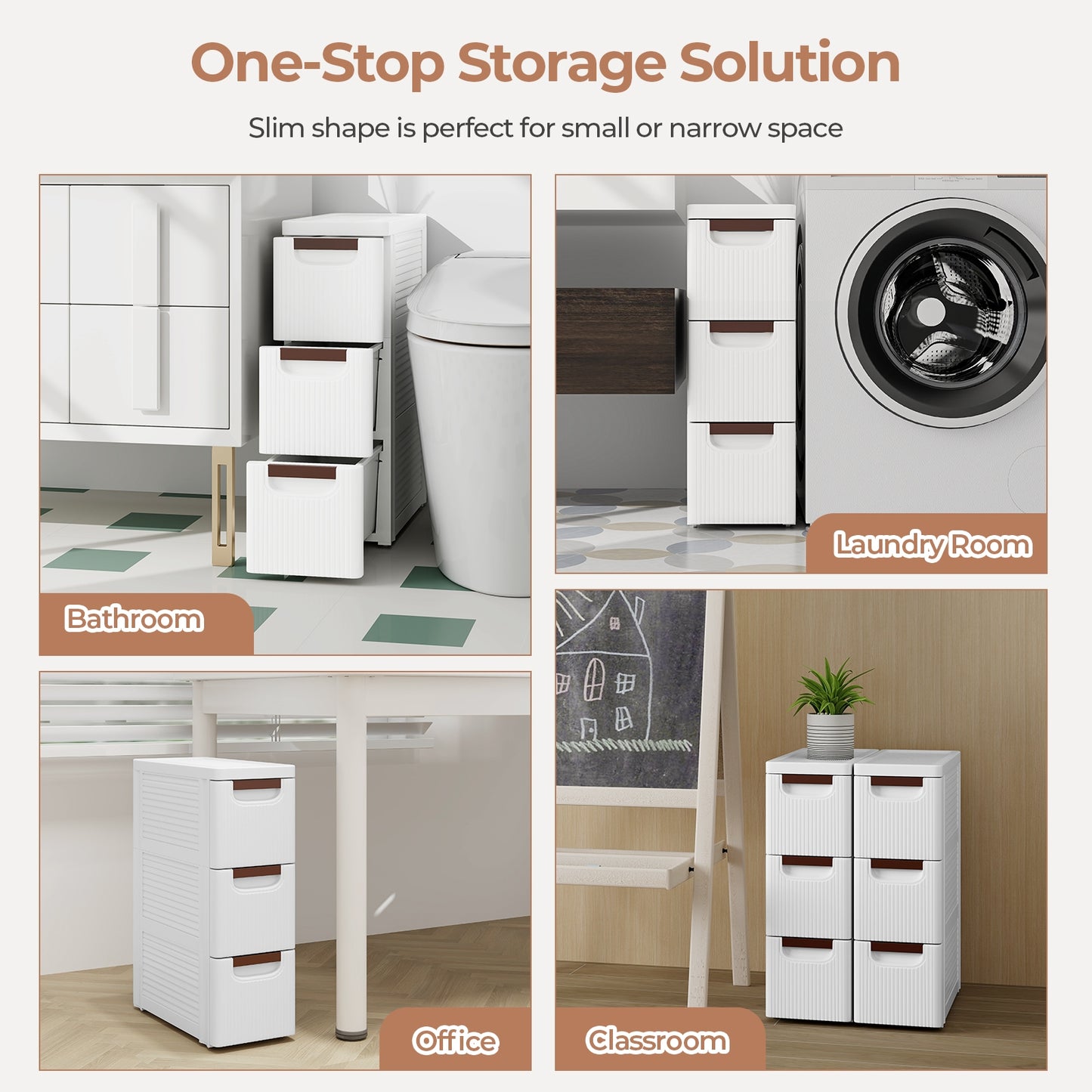 Space-Saving Narrow Storage Cabinet with Stylish Finish and Built-In Wheels – 3-Drawer