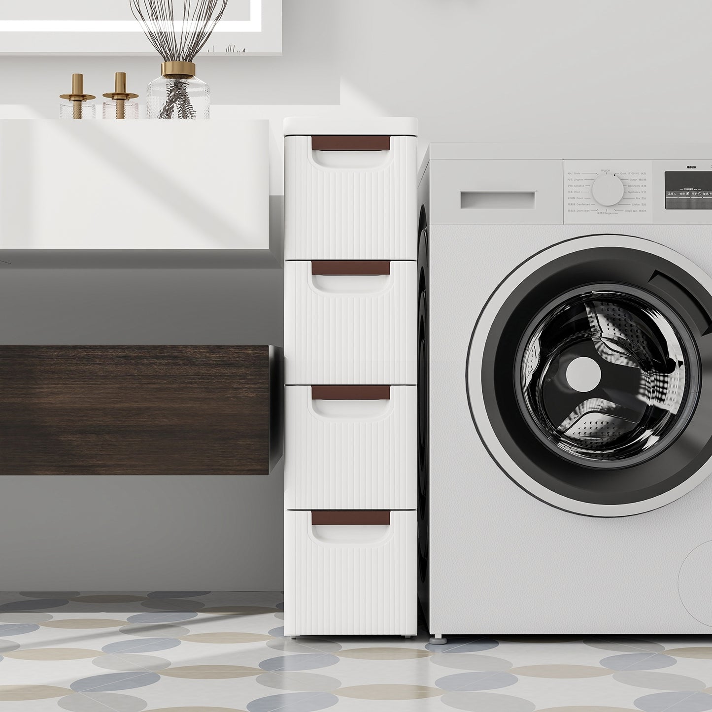 Space-Saving Narrow Storage Cabinet with Stylish Finish and Built-In Wheels – 4-Drawer