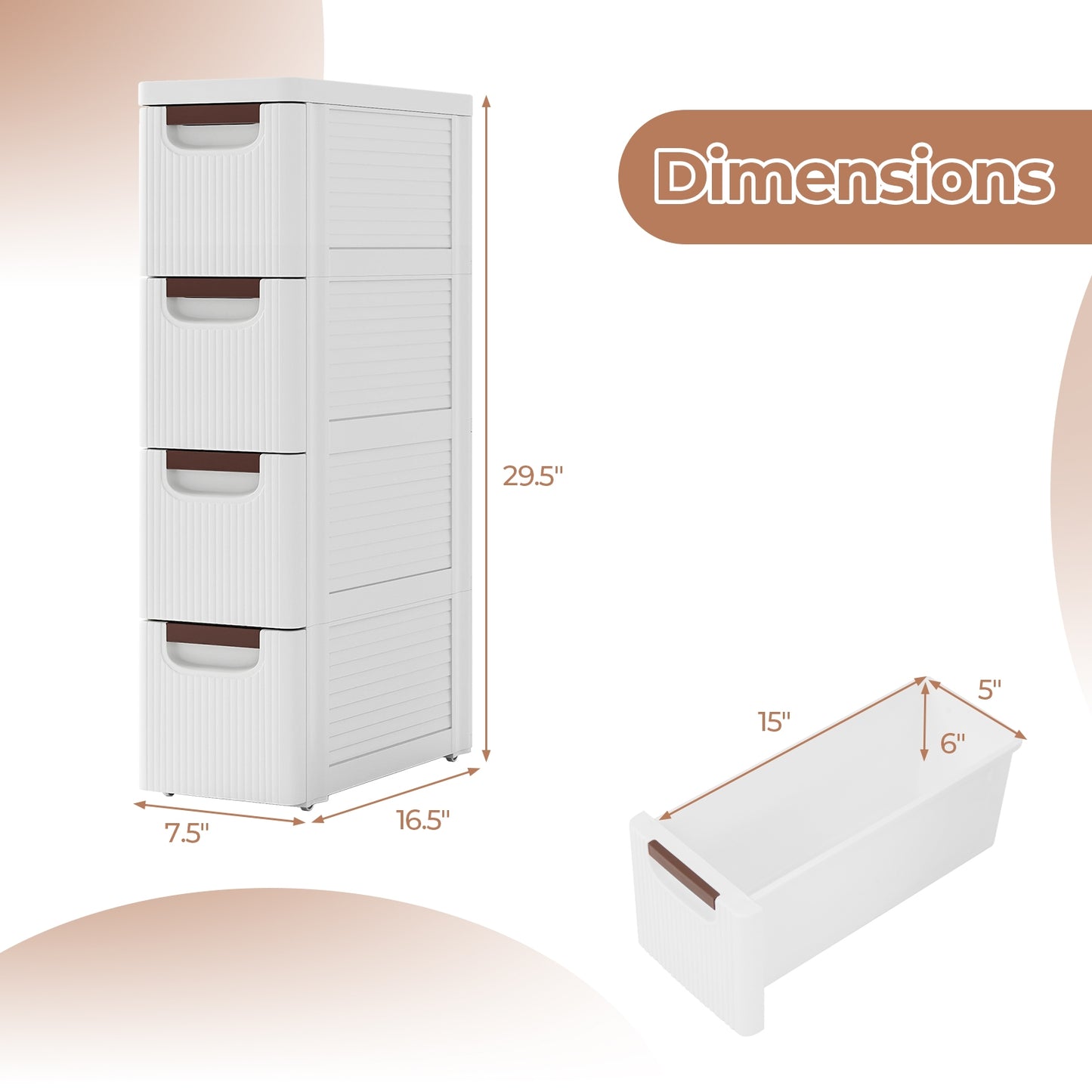 Space-Saving Narrow Storage Cabinet with Stylish Finish and Built-In Wheels – 4-Drawer