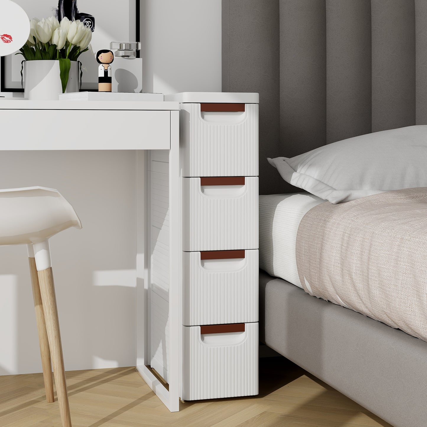 Space-Saving Narrow Storage Cabinet with Stylish Finish and Built-In Wheels – 4-Drawer