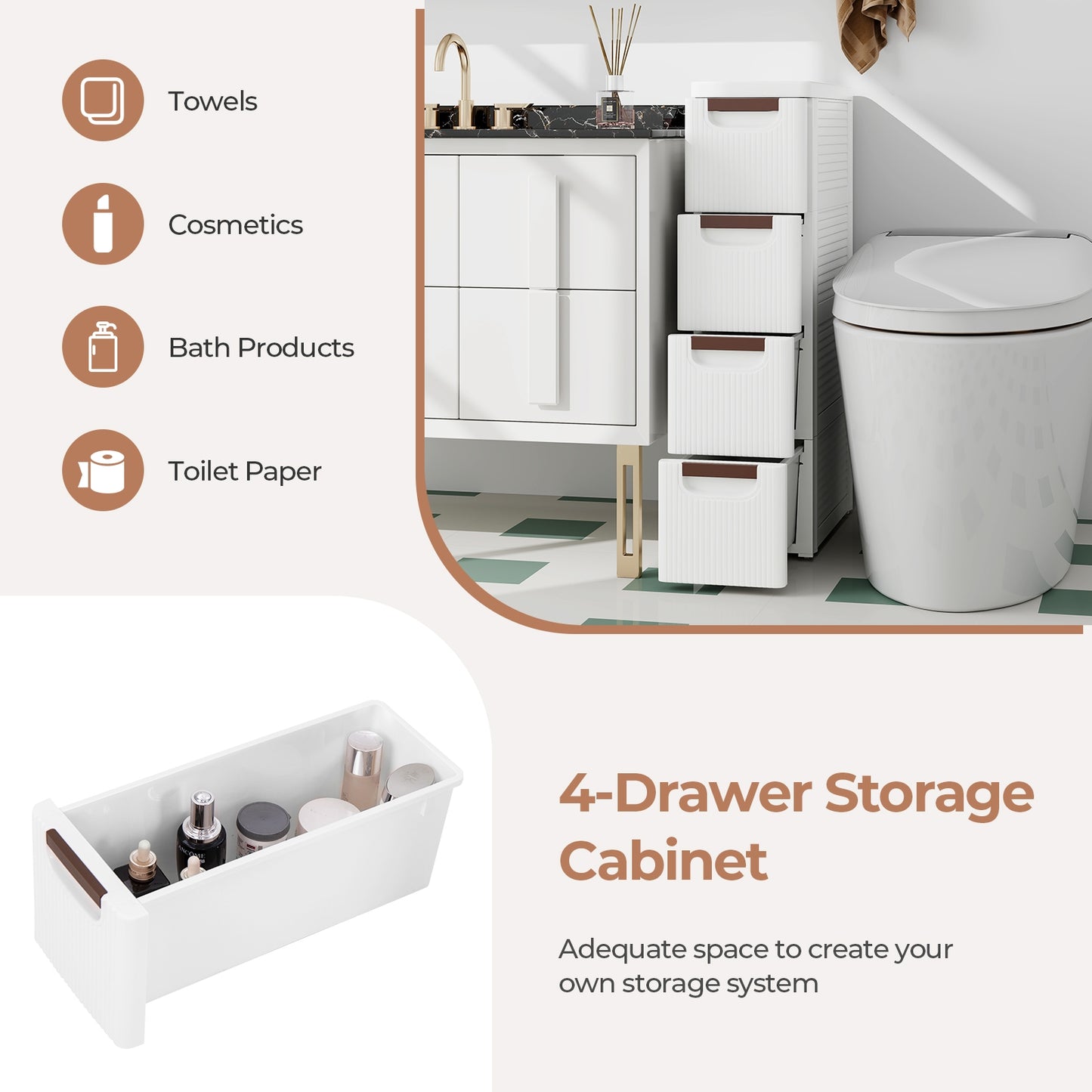 Space-Saving Narrow Storage Cabinet with Stylish Finish and Built-In Wheels – 4-Drawer