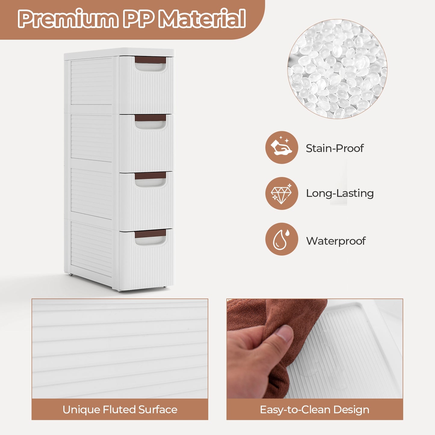 Space-Saving Narrow Storage Cabinet with Stylish Finish and Built-In Wheels – 4-Drawer