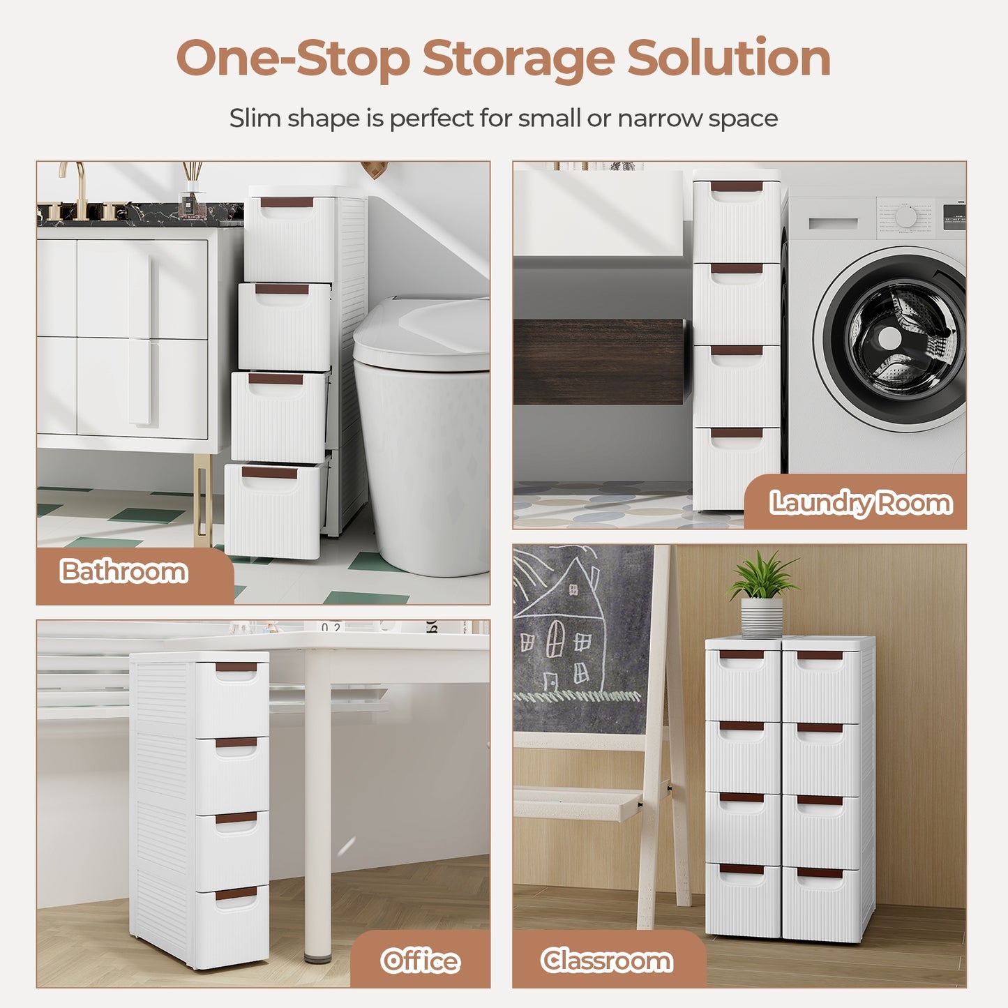 Space-Saving Narrow Storage Cabinet with Stylish Finish and Built-In Wheels – 4-Drawer