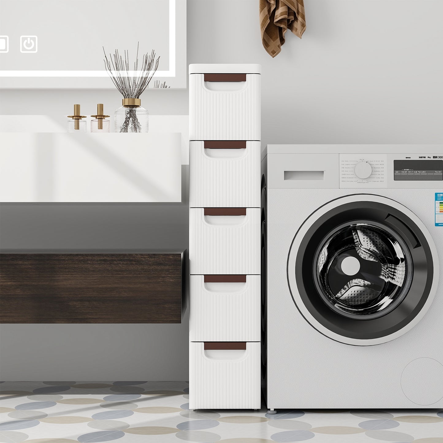Space-Saving Narrow Storage Cabinet with Stylish Finish and Built-In Wheels – 5-Drawer