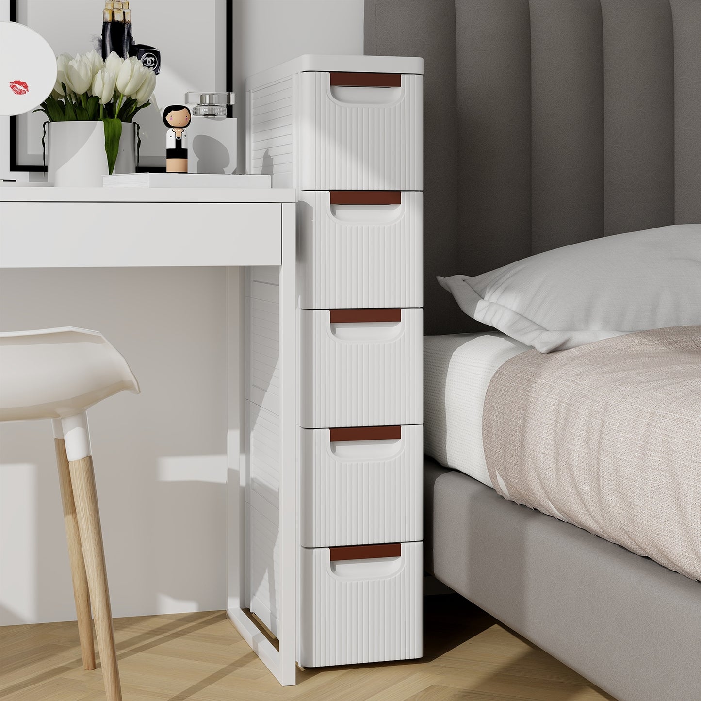 Space-Saving Narrow Storage Cabinet with Stylish Finish and Built-In Wheels – 5-Drawer