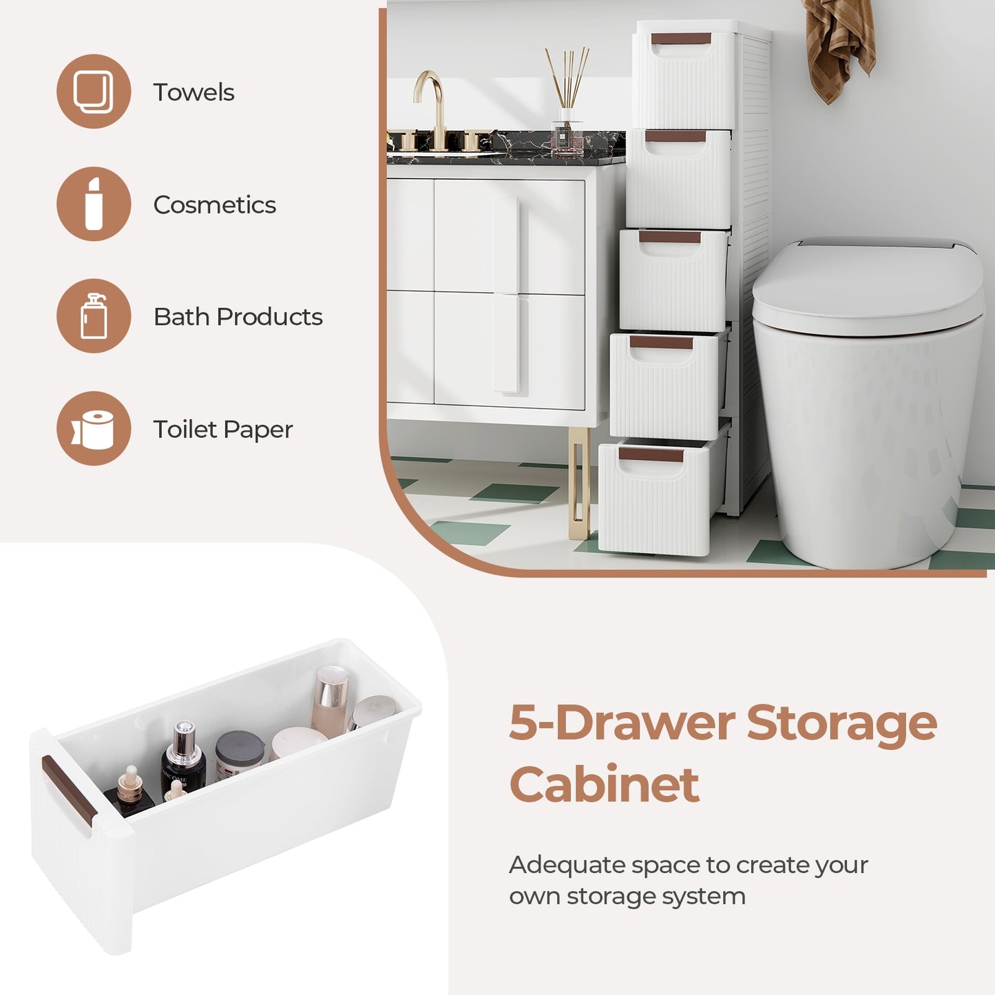 Space-Saving Narrow Storage Cabinet with Stylish Finish and Built-In Wheels – 5-Drawer