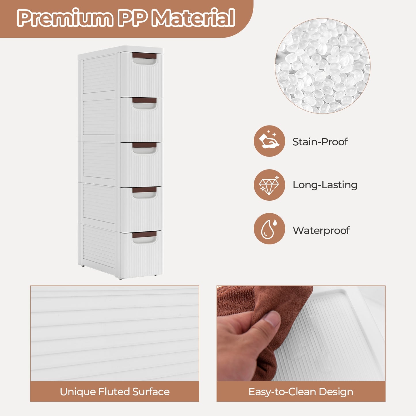 Space-Saving Narrow Storage Cabinet with Stylish Finish and Built-In Wheels – 5-Drawer
