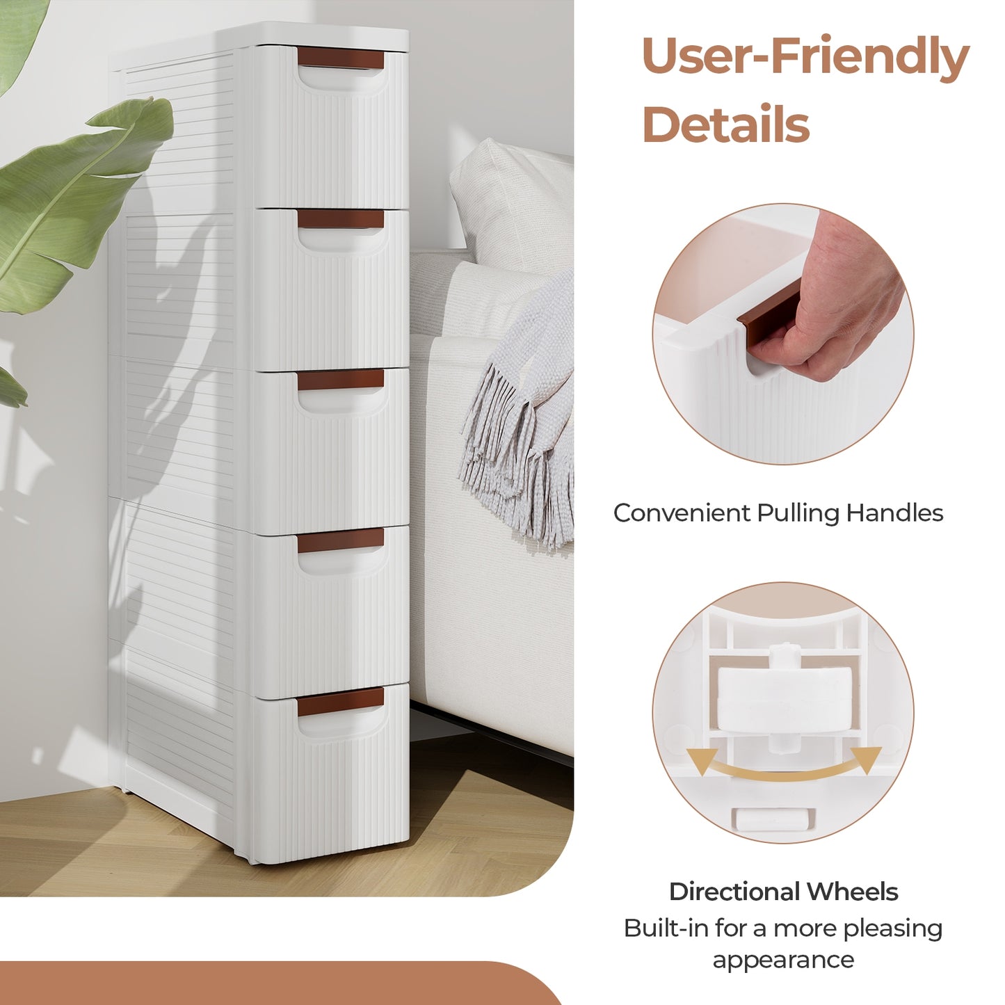 Space-Saving Narrow Storage Cabinet with Stylish Finish and Built-In Wheels – 5-Drawer