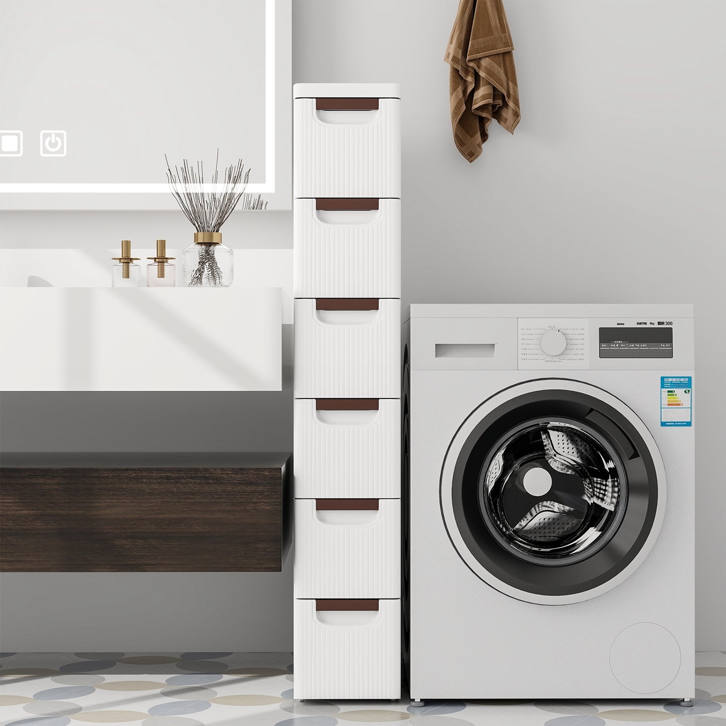 Space-Saving Narrow Storage Cabinet with Stylish Finish and Built-In Wheels – 6-Drawer