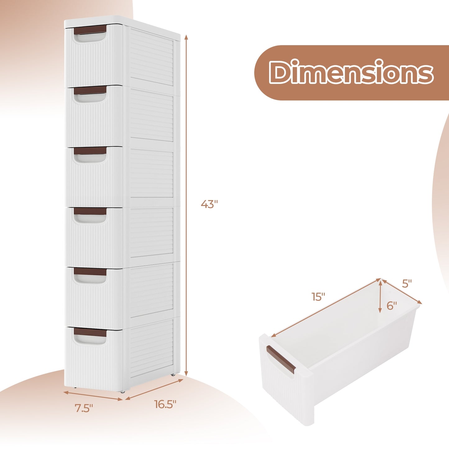 Space-Saving Narrow Storage Cabinet with Stylish Finish and Built-In Wheels – 6-Drawer