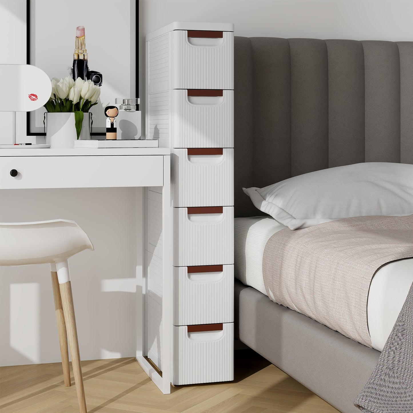Space-Saving Narrow Storage Cabinet with Stylish Finish and Built-In Wheels – 6-Drawer