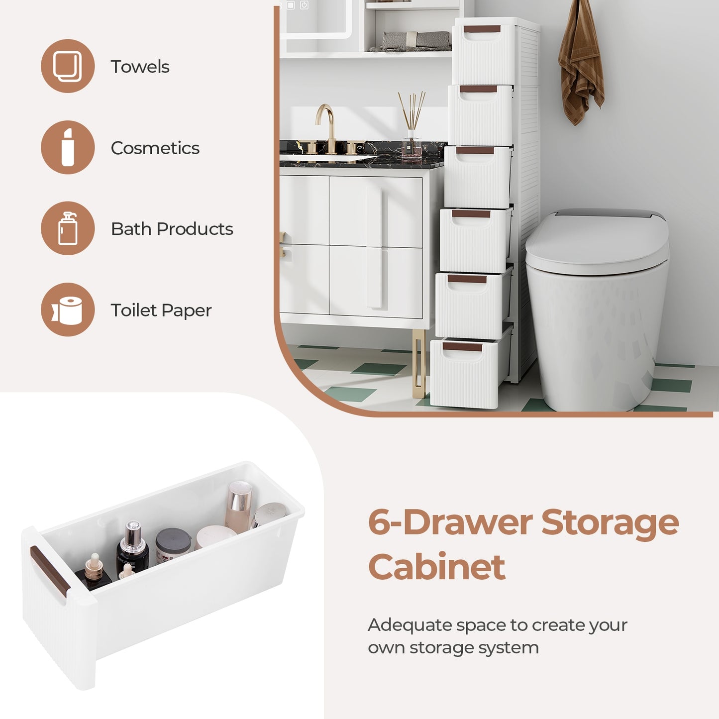 Space-Saving Narrow Storage Cabinet with Stylish Finish and Built-In Wheels – 6-Drawer
