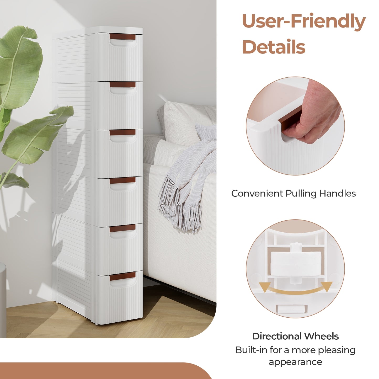 Space-Saving Narrow Storage Cabinet with Stylish Finish and Built-In Wheels – 6-Drawer