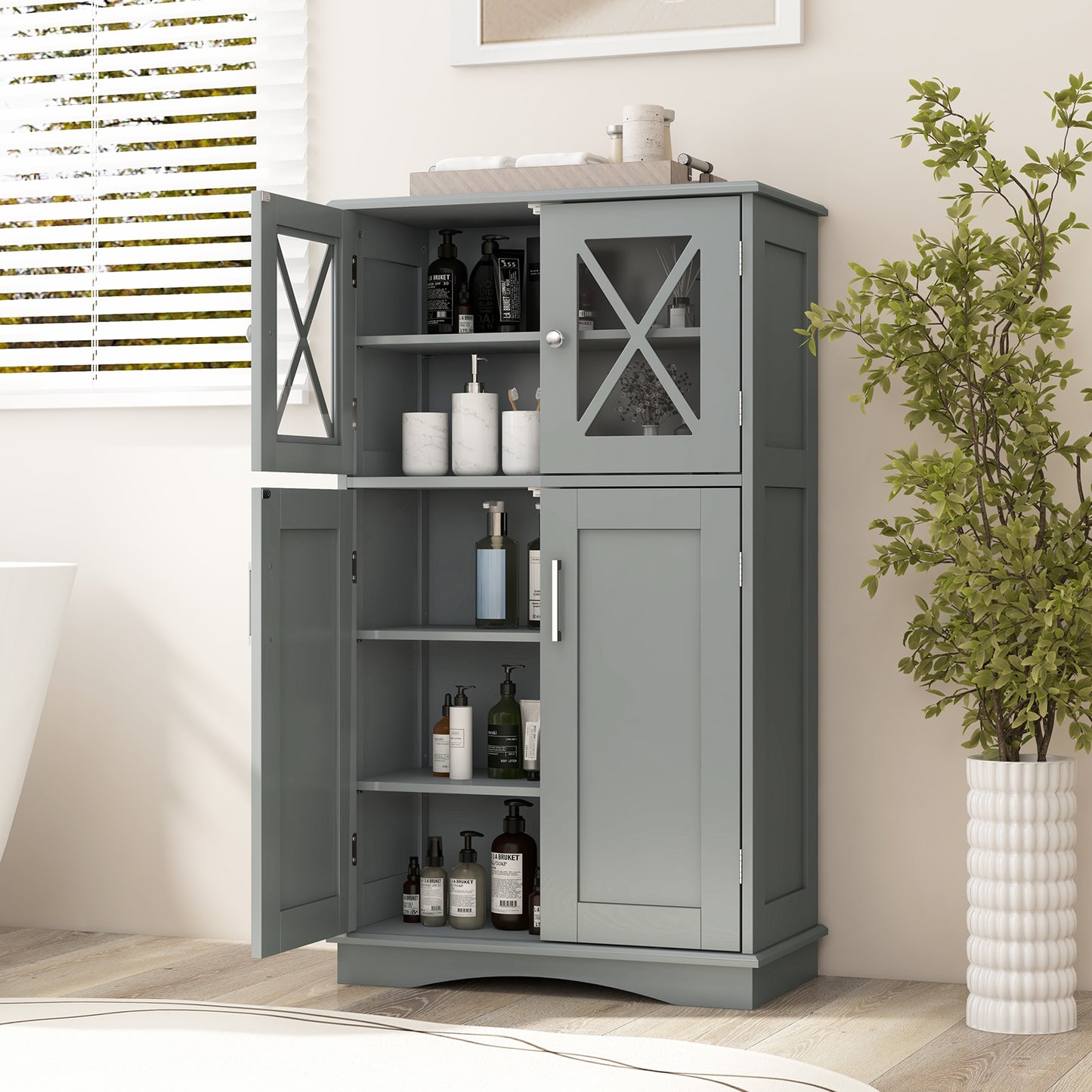 5 Tier Freestanding Storage Cabinet with 4 Doors & Adjustable Shelves