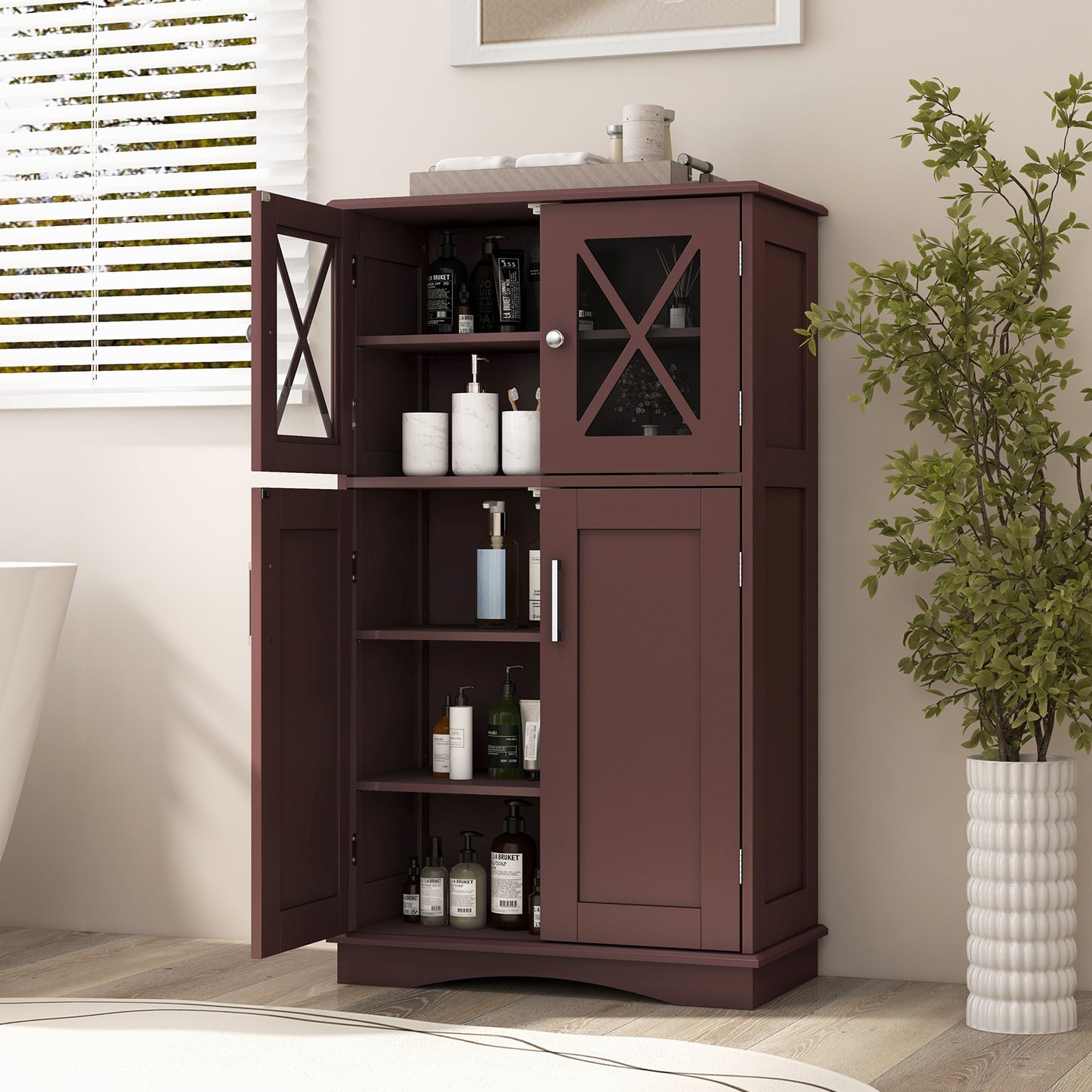 5 Tier Freestanding Storage Cabinet with 4 Doors & Adjustable Shelves