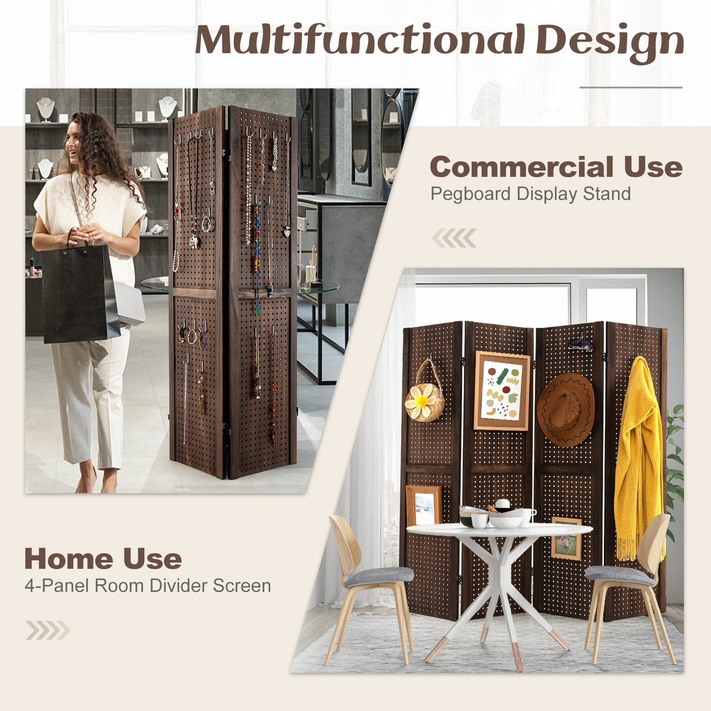 4 Panel 5 Foot Folding Pegboard Display Room Divider - Brown