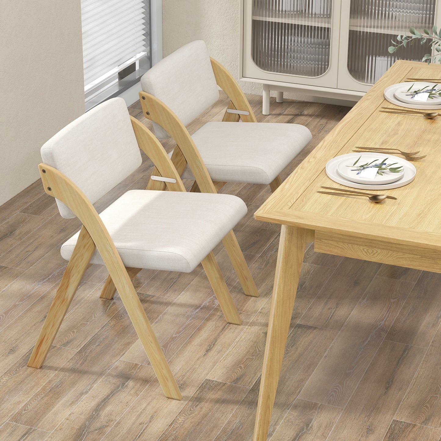 Set of 2 Folding Dining Chairs with Rubber Wood Legs and Cushioned Seat - Natural