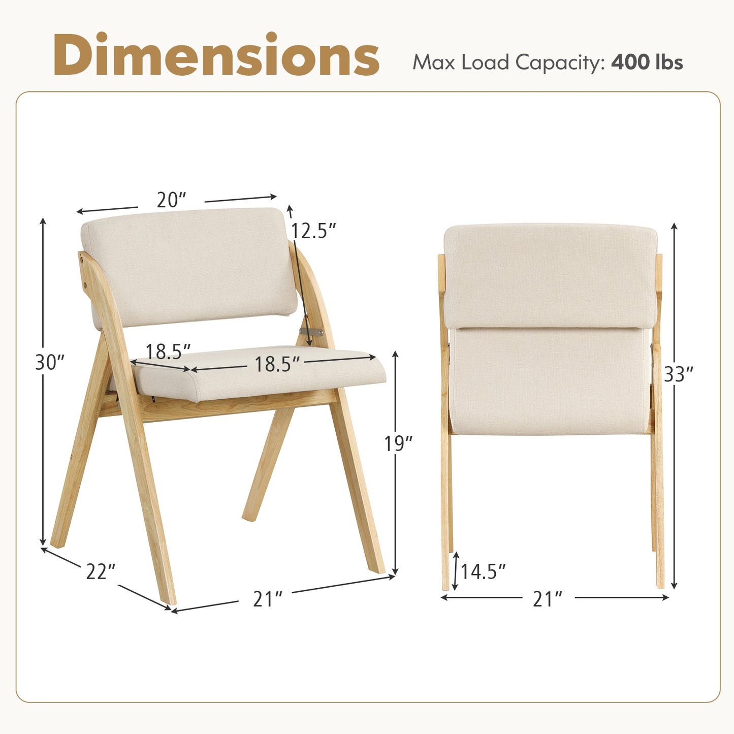 Set of 2 Folding Dining Chairs with Rubber Wood Legs and Cushioned Seat - Natural