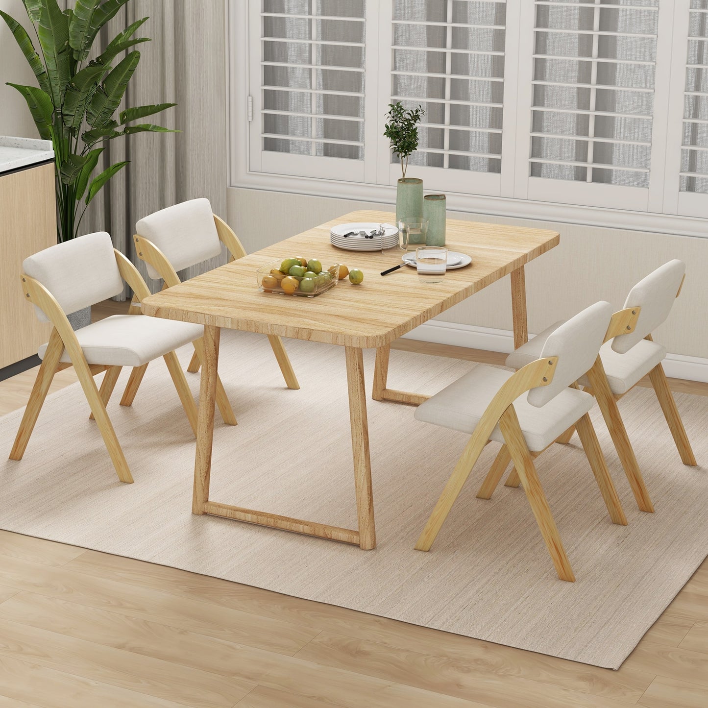 Set of 2 Folding Dining Chairs with Rubber Wood Legs and Cushioned Seat - Natural