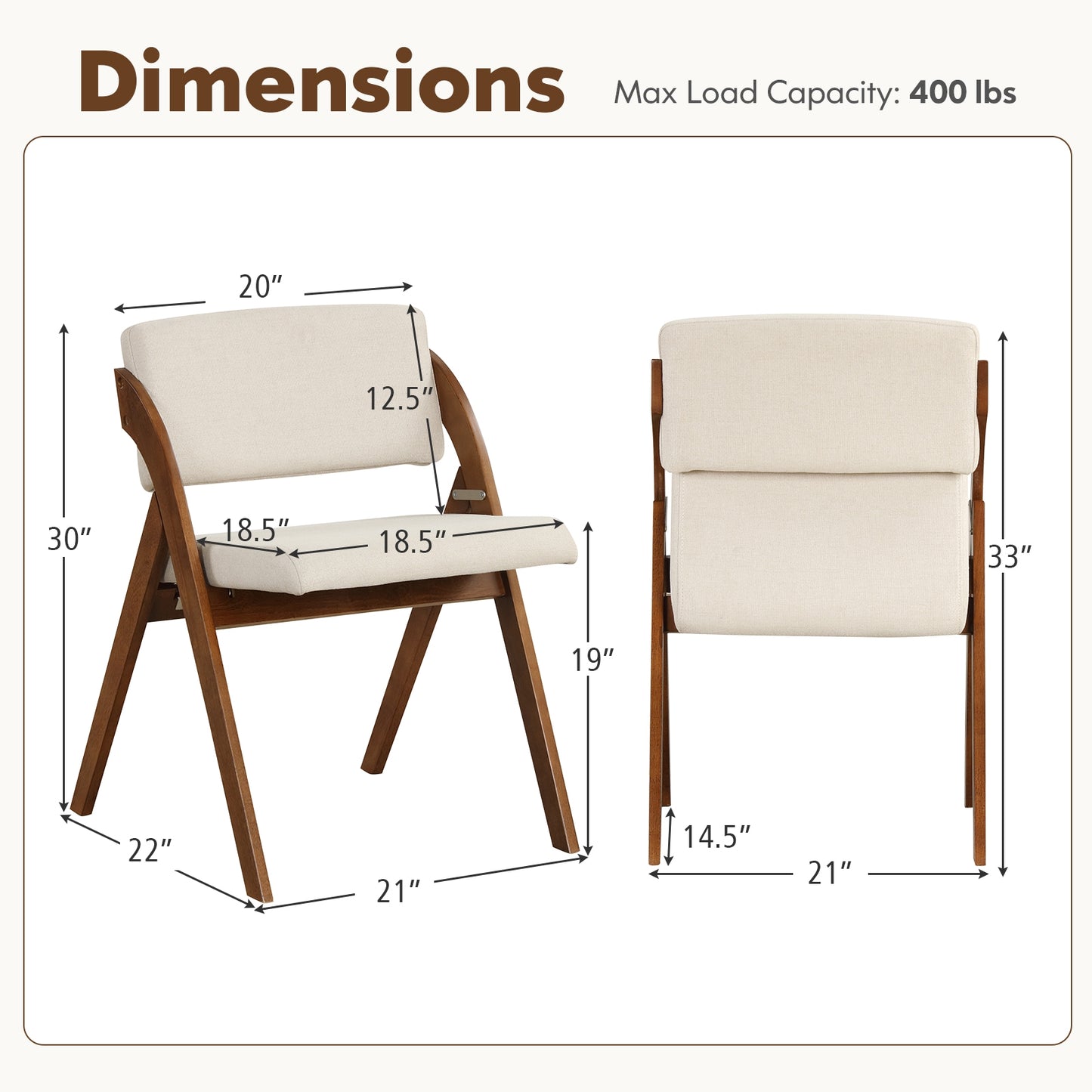 Set of 2 Folding Dining Chairs with Rubber Wood Legs and Cushioned Seat - Walnut