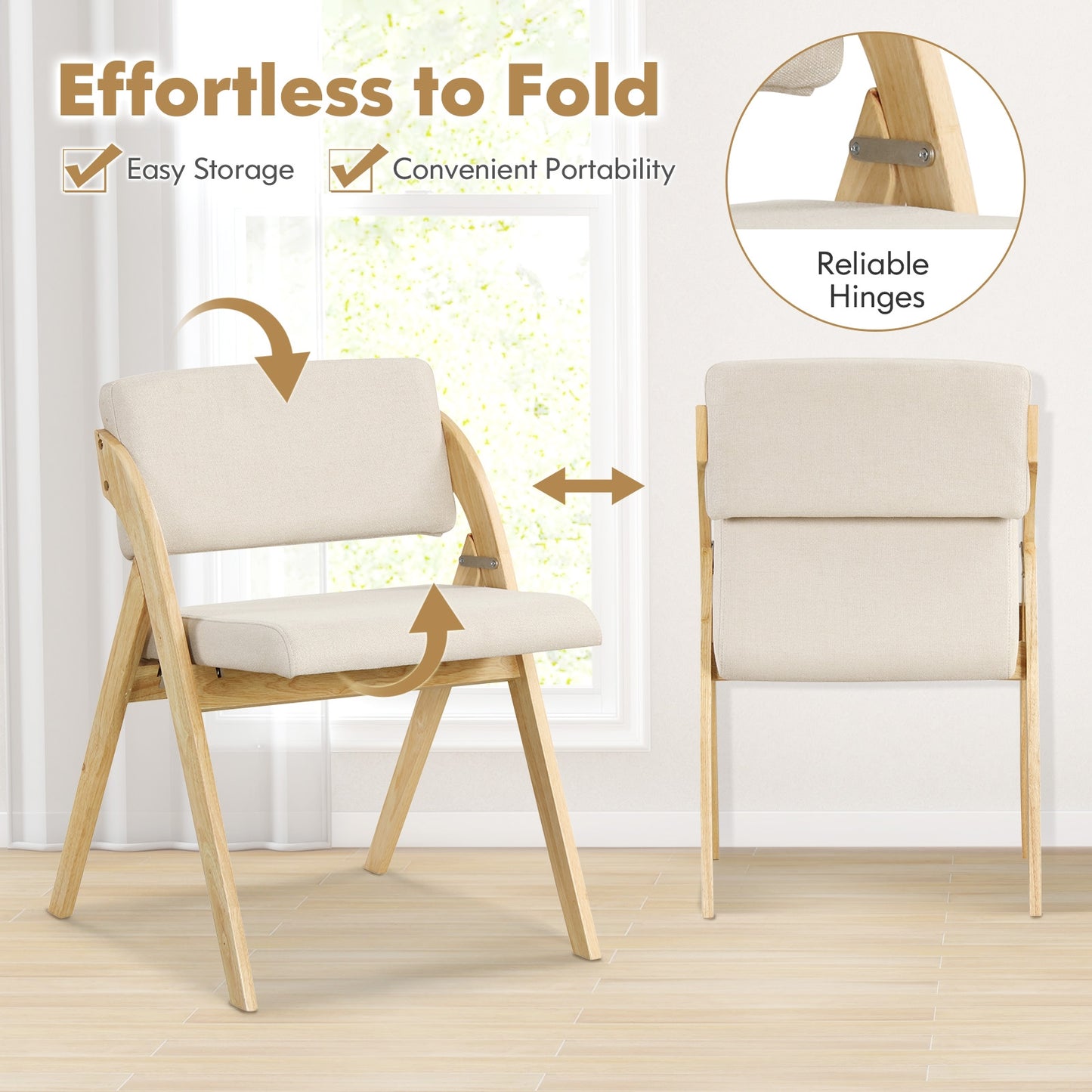 Set of 2 Folding Dining Chairs with Rubber Wood Legs and Cushioned Seat - Natural
