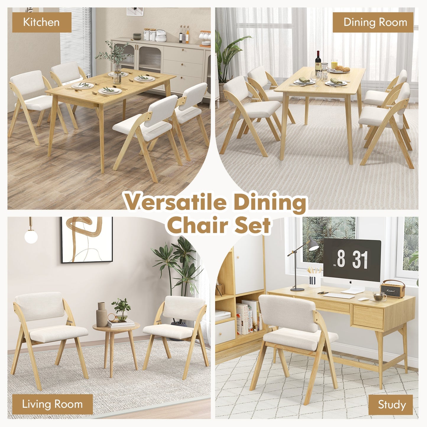 Set of 2 Folding Dining Chairs with Rubber Wood Legs and Cushioned Seat - Natural